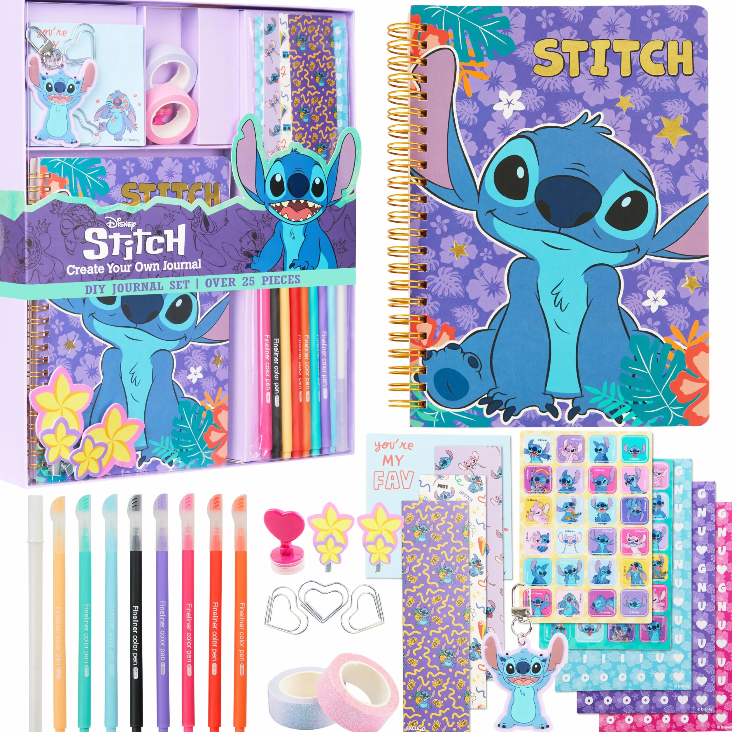 Disney Stitch DIY Kit Taccuino Bambini Adolescenti Quaderno Spirale A5 Disegno Stickers Note Adesive Portachiavi Penne Colorate, Idea Regalo