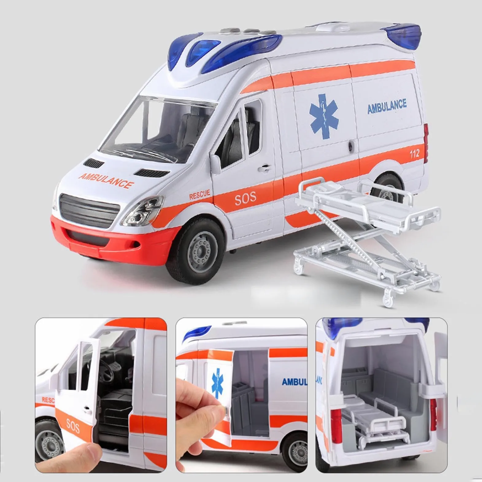 Ambulanza con auto giocattolo - Grande porta posteriore che può essere aperta con barella - 30 cm - Veicolo di salvataggio medico, furgone di emergenza con luce e suono, di ruolo per bambini d