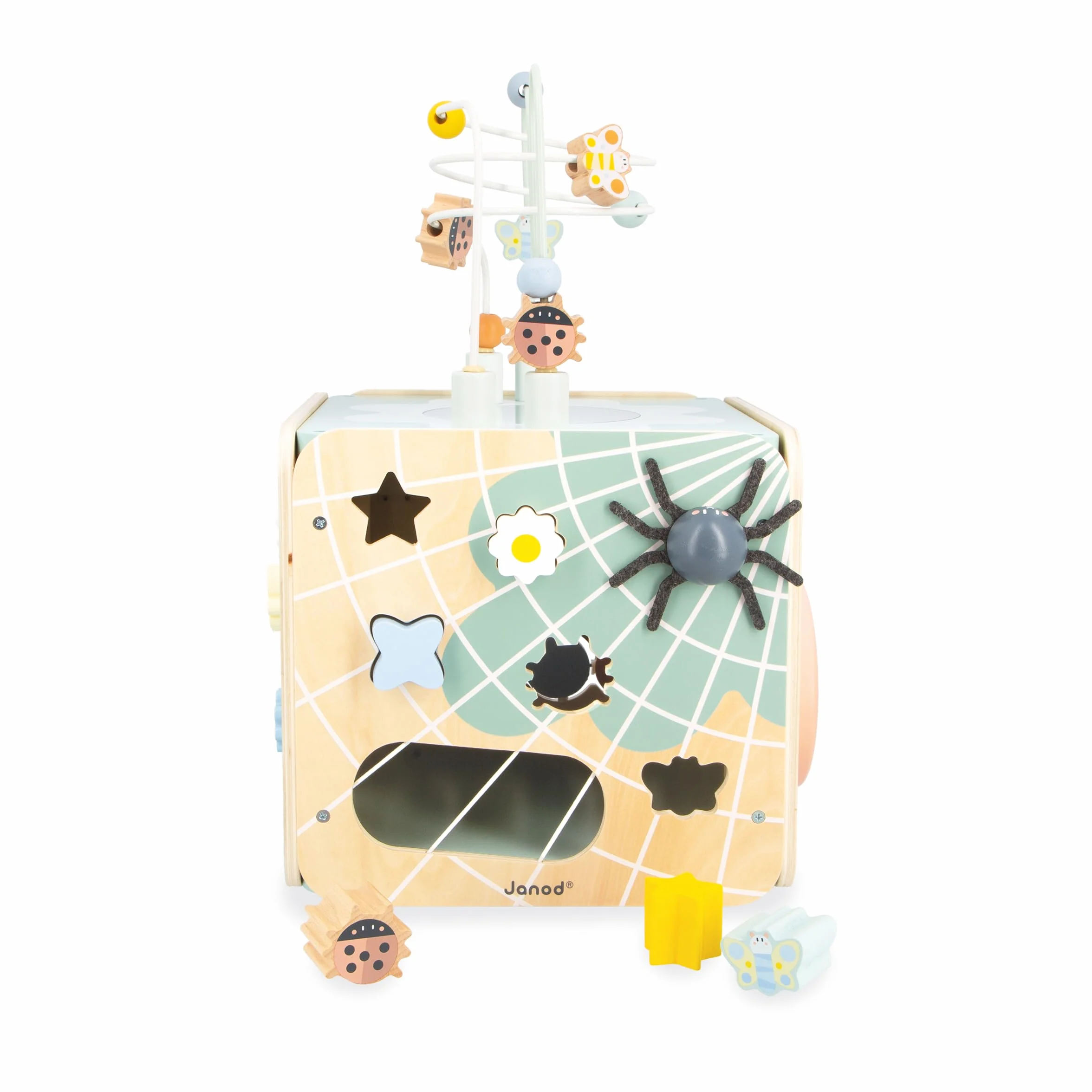 Janod - Grande Cubo Multiattività Sweet Cocoon - 11 Attività per Bambini - Multisensoriale - Sviluppa le Abilità Fino-Motorie - Giocattolo in Legno FSC - Dai 18 Mesi, J04060