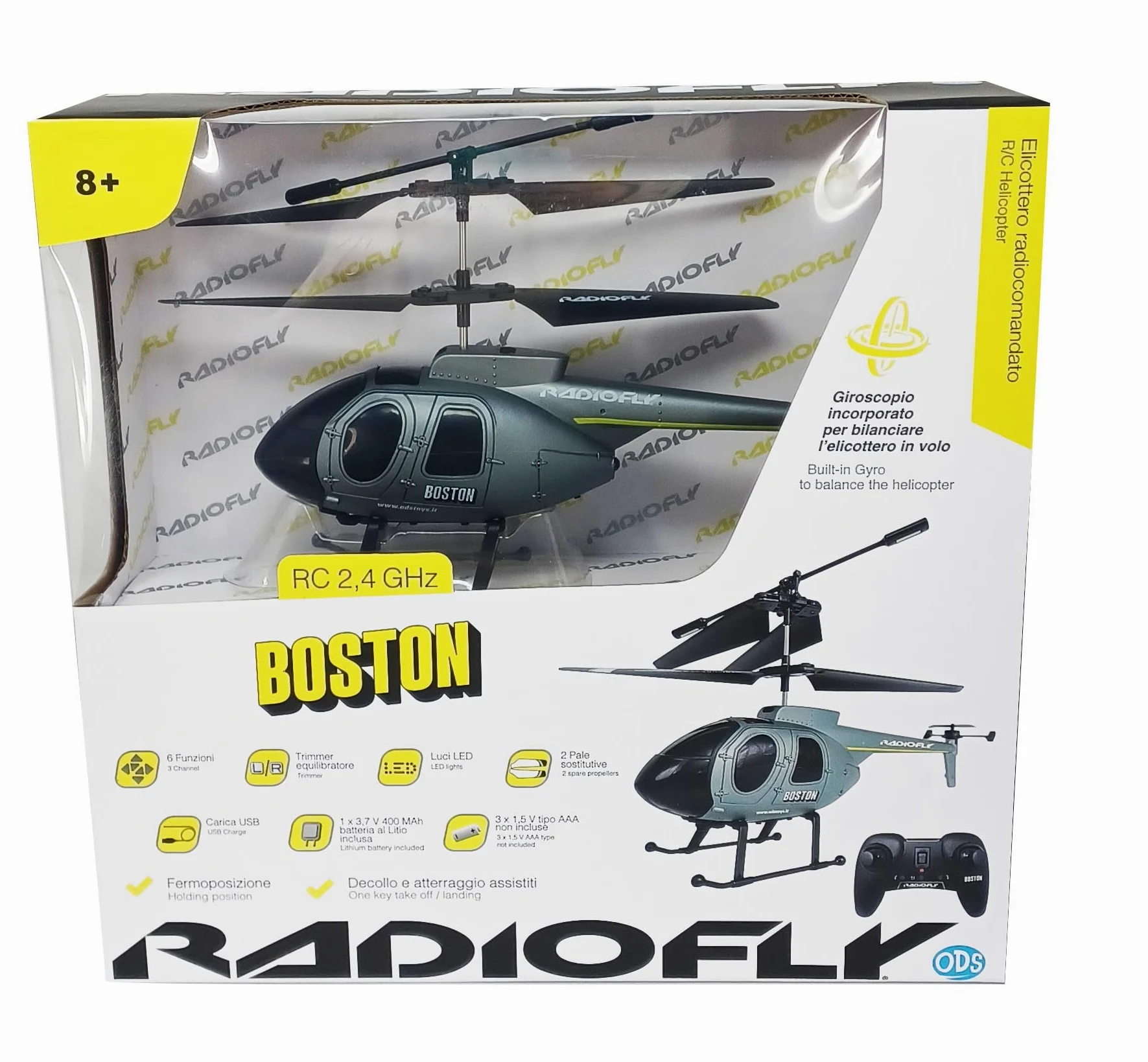 Radiofly - Boston Elicottero RC 2.4 Ghz cm 22, 6 funzioni, fermoposizione, decollo/atterraggio assistiti, TEMPO DI VOLO 10 MINUTI