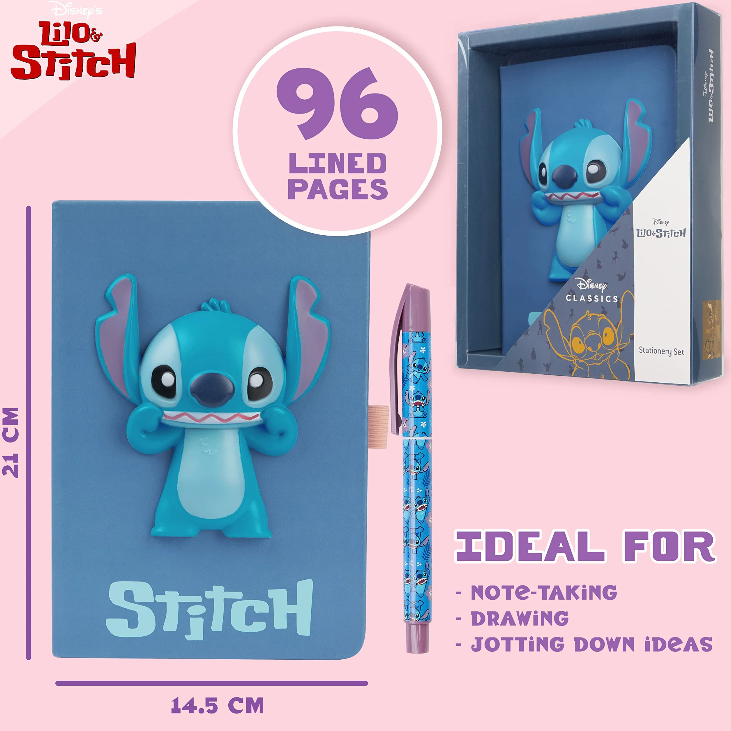 Disney Stitch Taccuino A5 e Penna Biro o Diario Lucchetto e Penna a Sfera Set Cancelleria Ufficio Scuola Regali Bambina (Blu 3D)