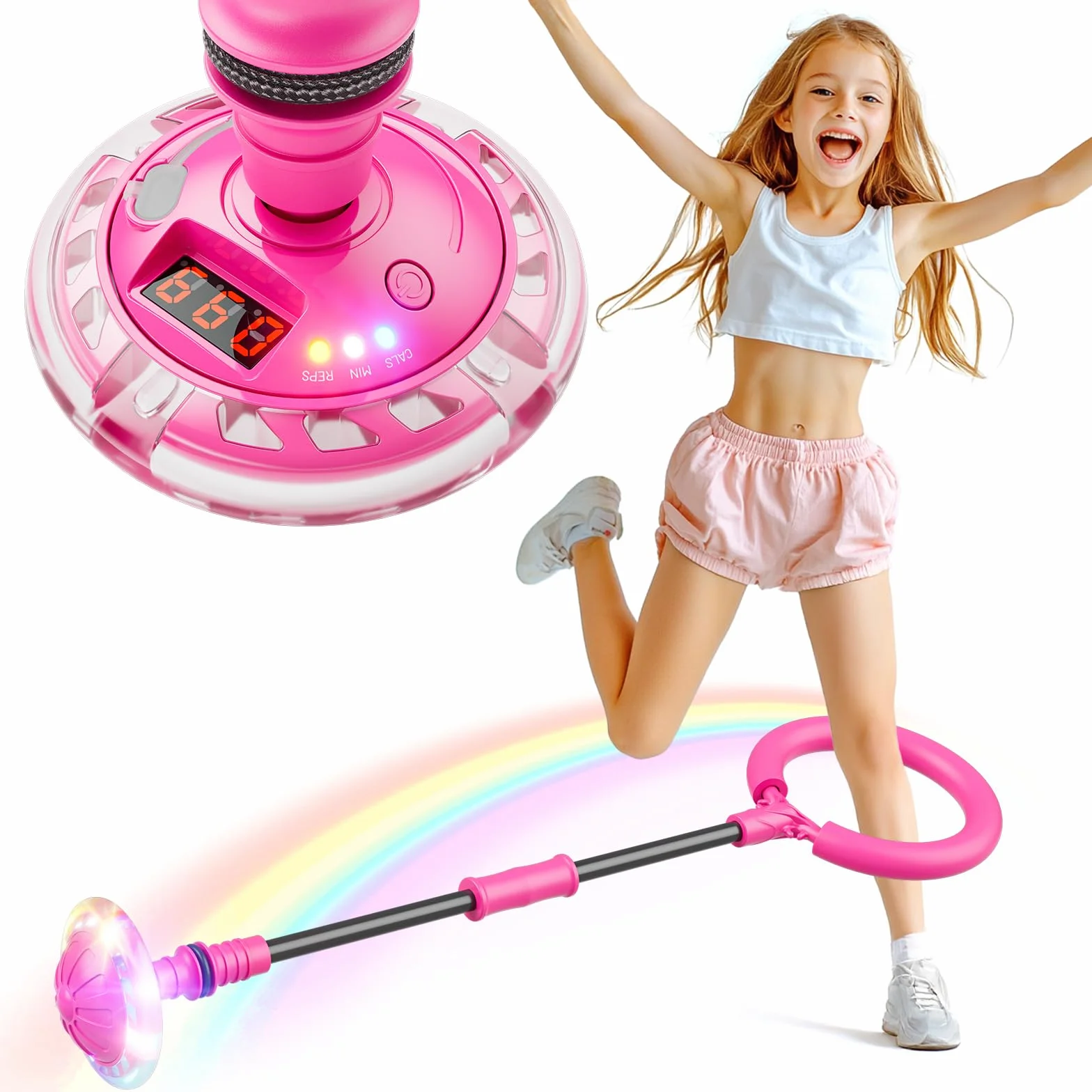 Hot Bee Bambini Anello Saltellante Luminoso con Contatore, Timer, Contatore di Calorie, Giocattolo Regalo per Ragazze 6 7 8 9 10 11 Anni, Ruota Oscillante Ricaricabile, Natale, Compleanno Rosa