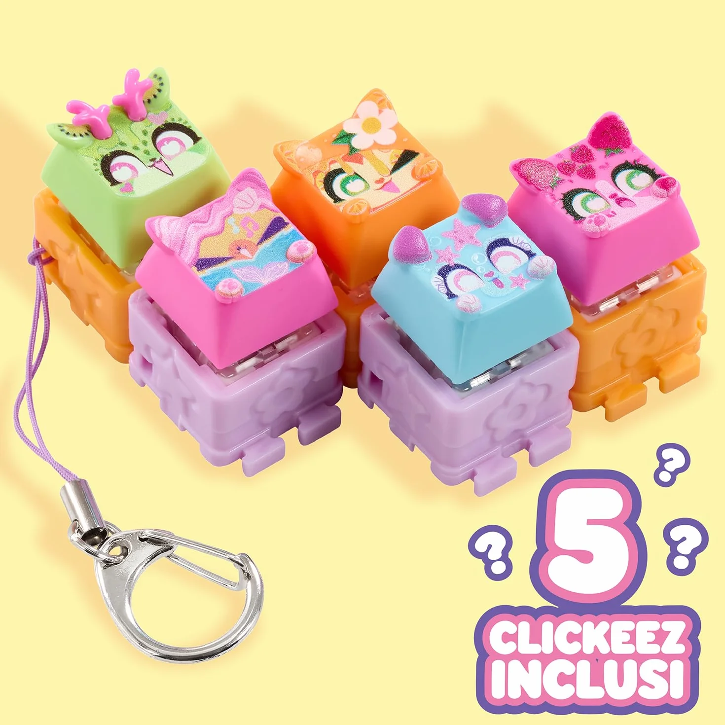 CLICKEEZ Multipack Serie 2 5 Mini Figure Kawaii Keycap Trasformabile Portachiavi Fidget Toy Sensoriale Effetto ASMR Gioco Collezionabile Da 6 Anni