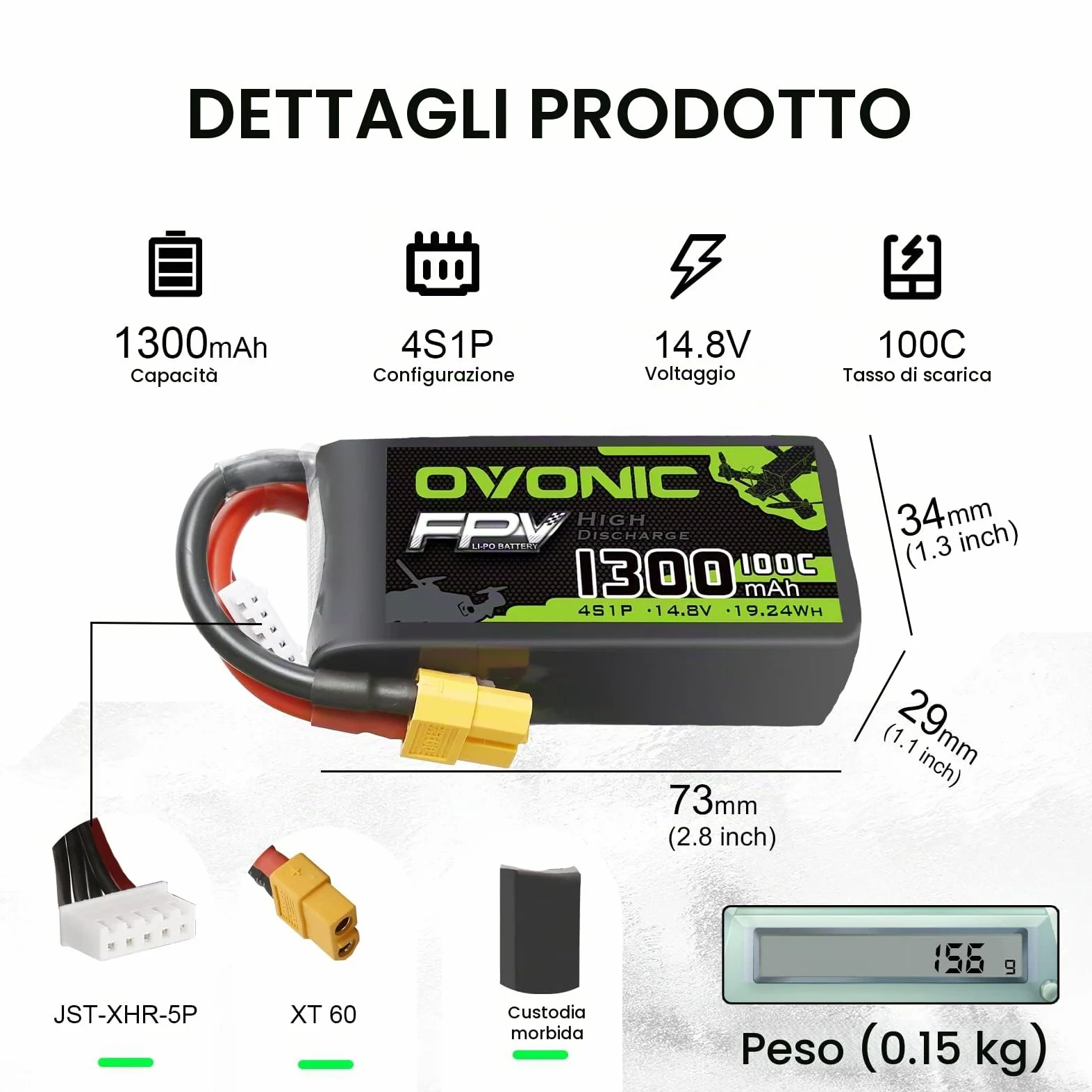 OVONIC Batteria Lipo 4s 14.8V 1300mAh 100C con connettore XT60 per FPV Racing RC Quadcopter Elicottero Aereo Multi-Motore Hobby Parti fai da te (2 confezioni)