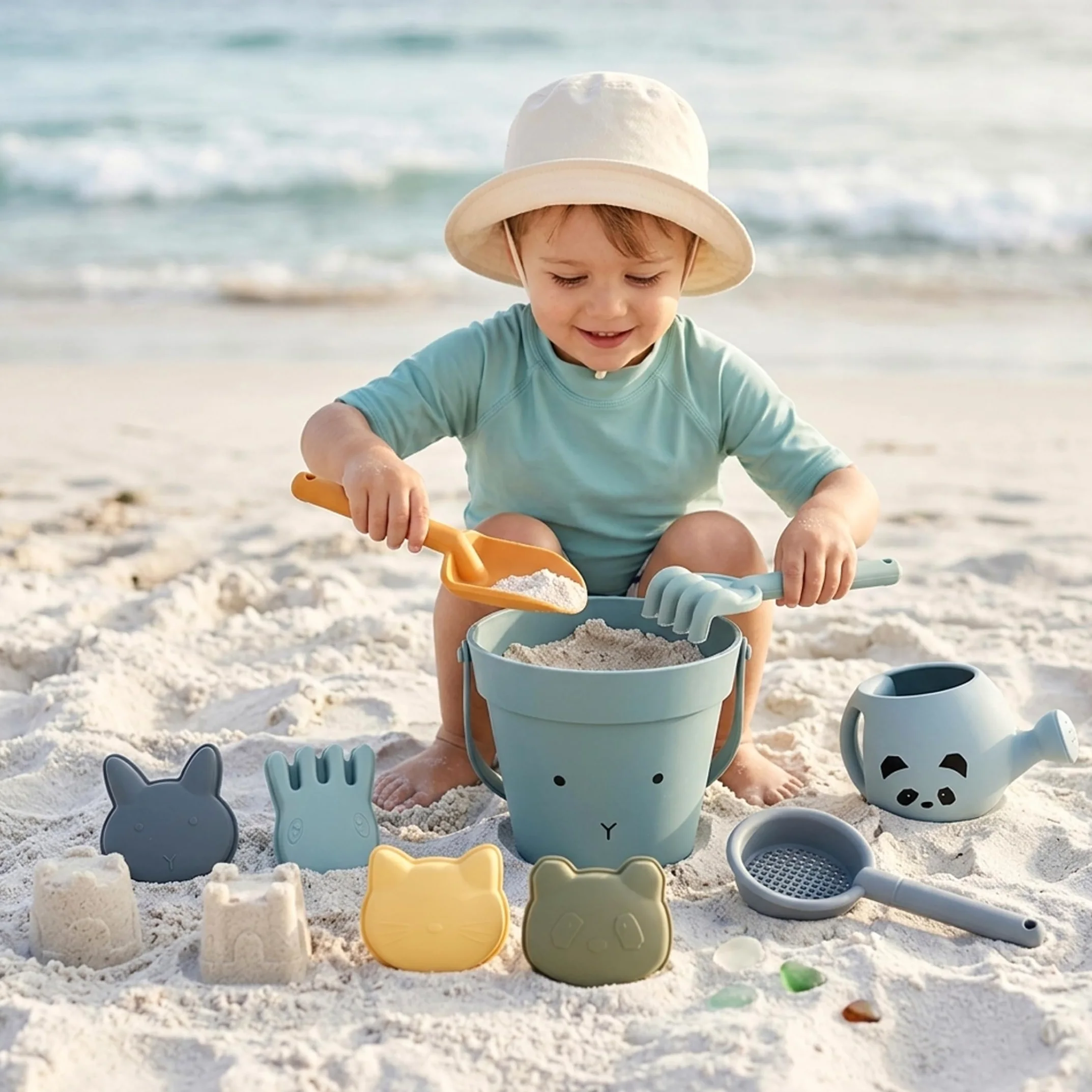 Set di giocattoli di sabbia in silicone Set di 9 pezzi di giocattoli da spiaggia di design di coniglio per bambini Kit di giochi d'acqua con sabbia interattivi per i genitori Divertimento all'apert