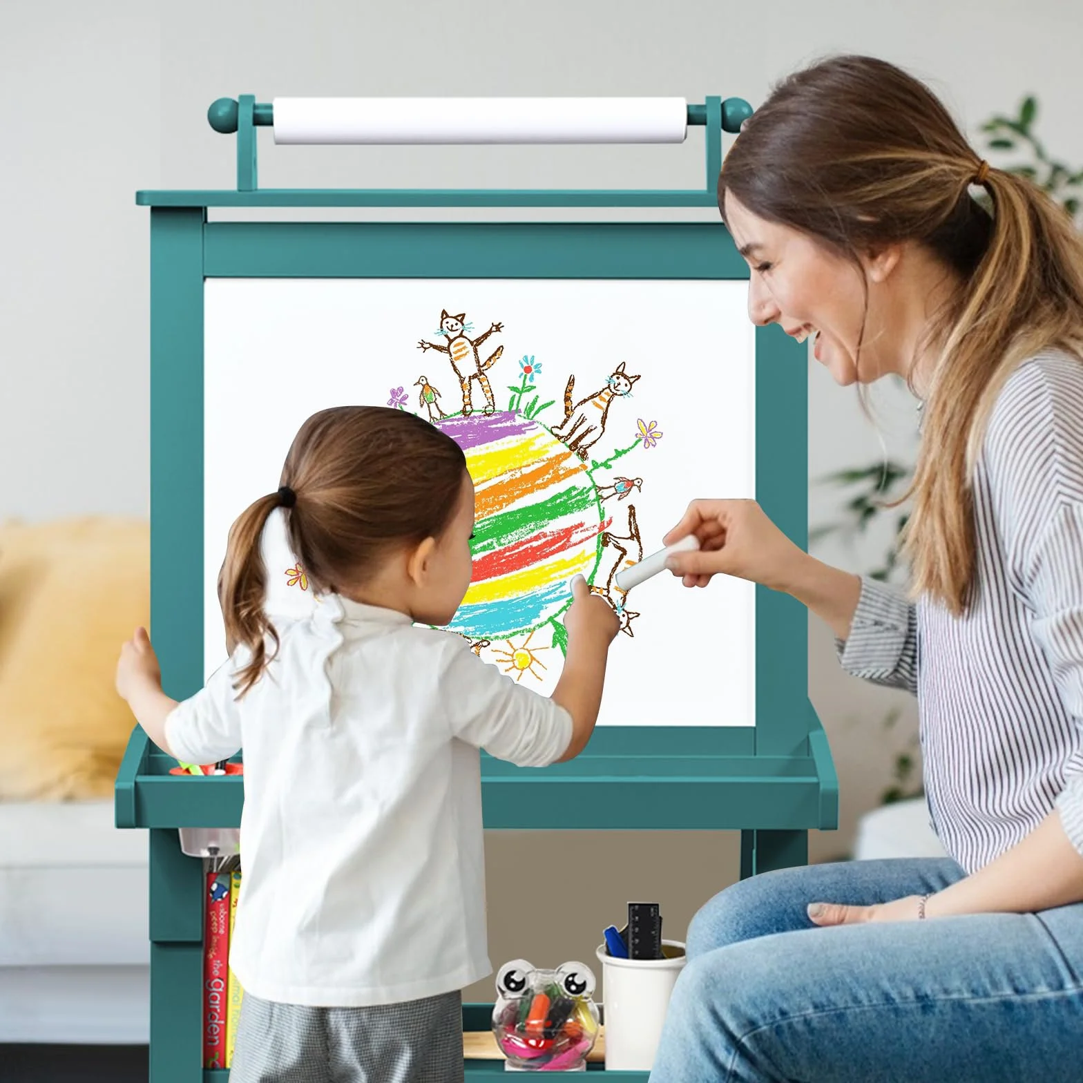 RELAX4LIFE 3 in 1 Lavagna per Bambini, Cavalletto Pittura Doppia Faccia Magnetica con Rotolo di Carta, Giocattolo Educativo 3+ Anni (Blu)
