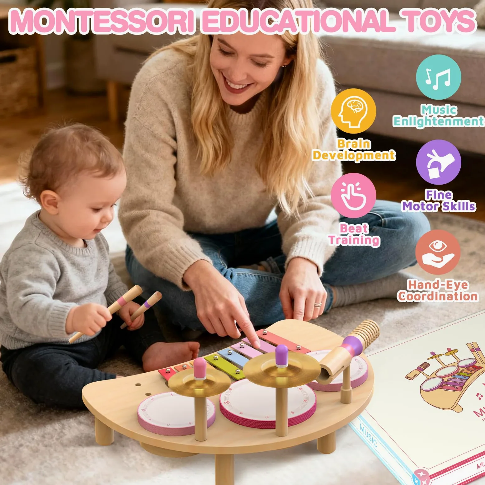 Montessori, set di tamburi in legno, strumenti musicali per bambini, set di batterie in legno con xilofono, giocattolo musicale per bambini in età prescolare, regalo di compleanno educativo per