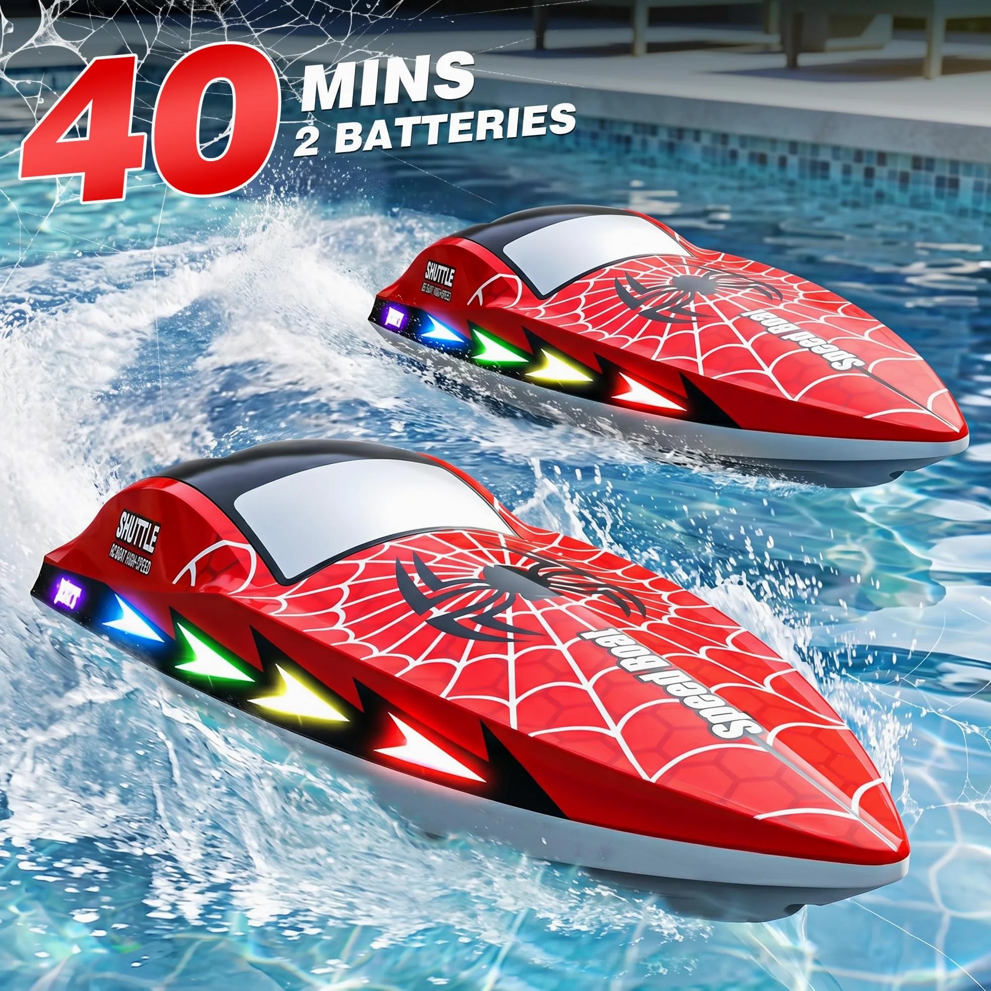 Barca telecomandata con 7 modalità di illuminazione, barca RC 20 km/h, con modalità One Click | Barche da corsa da 2,4 GHz con 2 batterie, 40 minuti di gioco, graffiti, piscine e laghi, regalo per bambini dai 8 anni in su