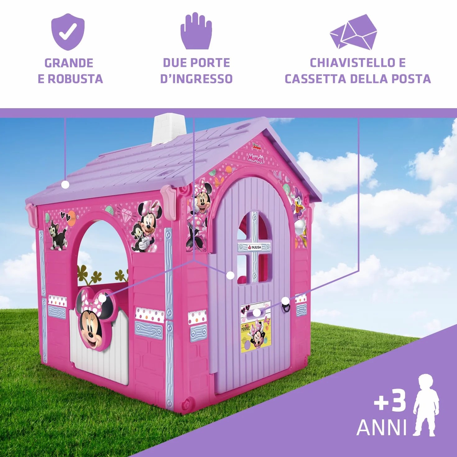 Casetta Bambini Minnie Mouse INJUSA Dai 3 Anni Rosa E Lilla Con 3 Porte 1 Finestra Plastica Resistente Ufficiale Disney Cabina Esterno Giardino Stimola Fantasia Facile Da Montare Bimba