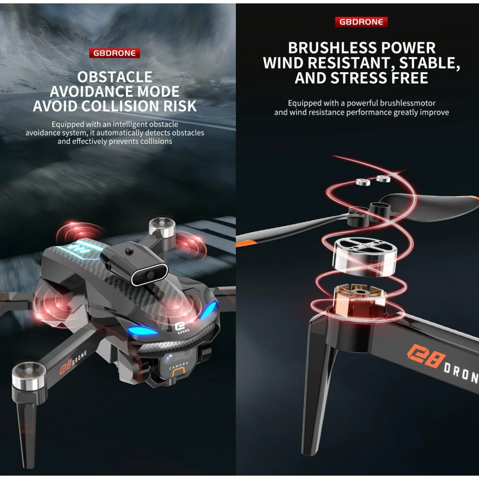 Drone con Evitamento Ostacoli Quadricottero RC Pieghevole | Drone G8 GPS, 5G WIFI FPV Brushless Flusso Ottico Evitamento Ostacoli ESC, Luci Colorate RC
