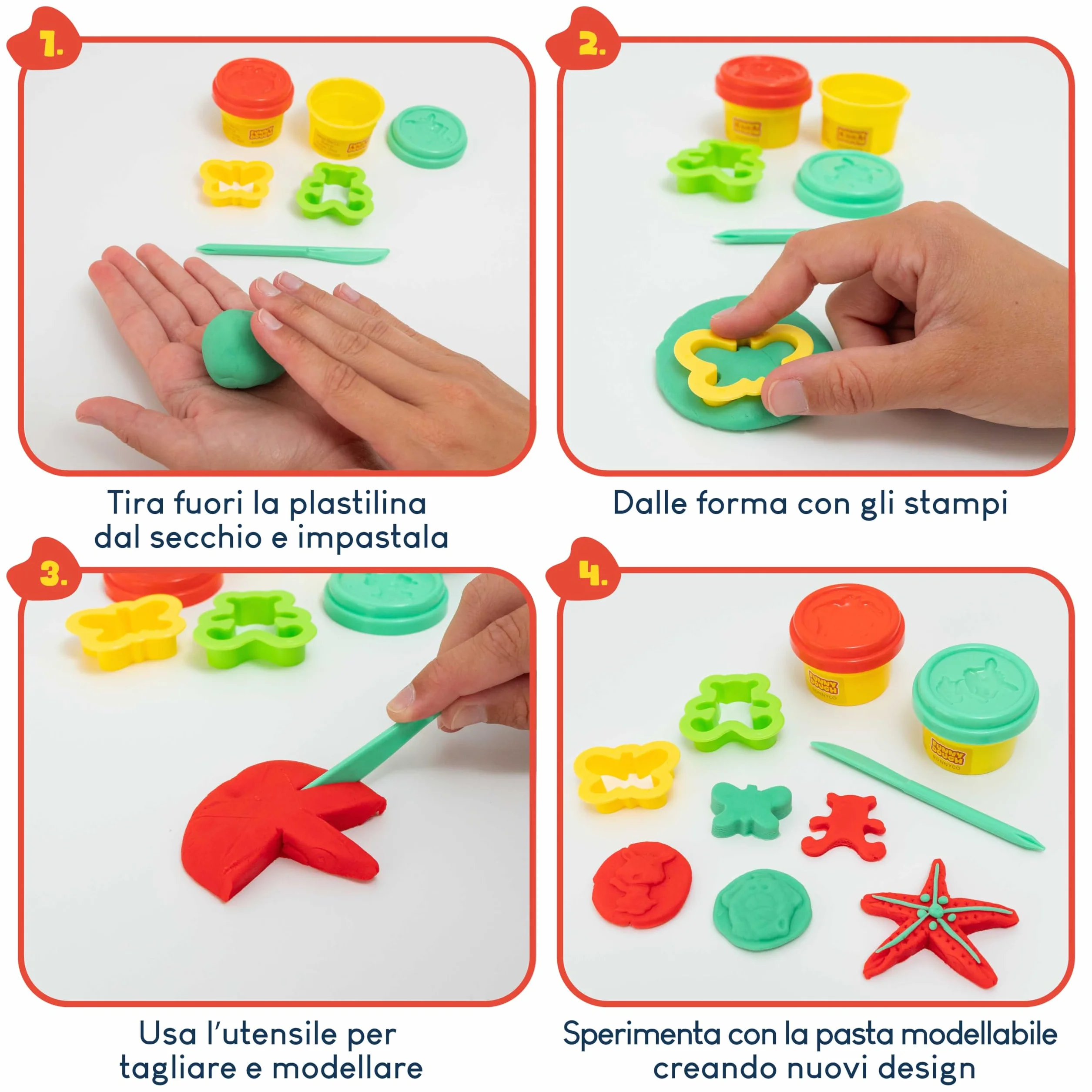 BONNYCO Set Plastilina per Bambini con Stampini e Sacchettini Regalo, 16 Pezzi
