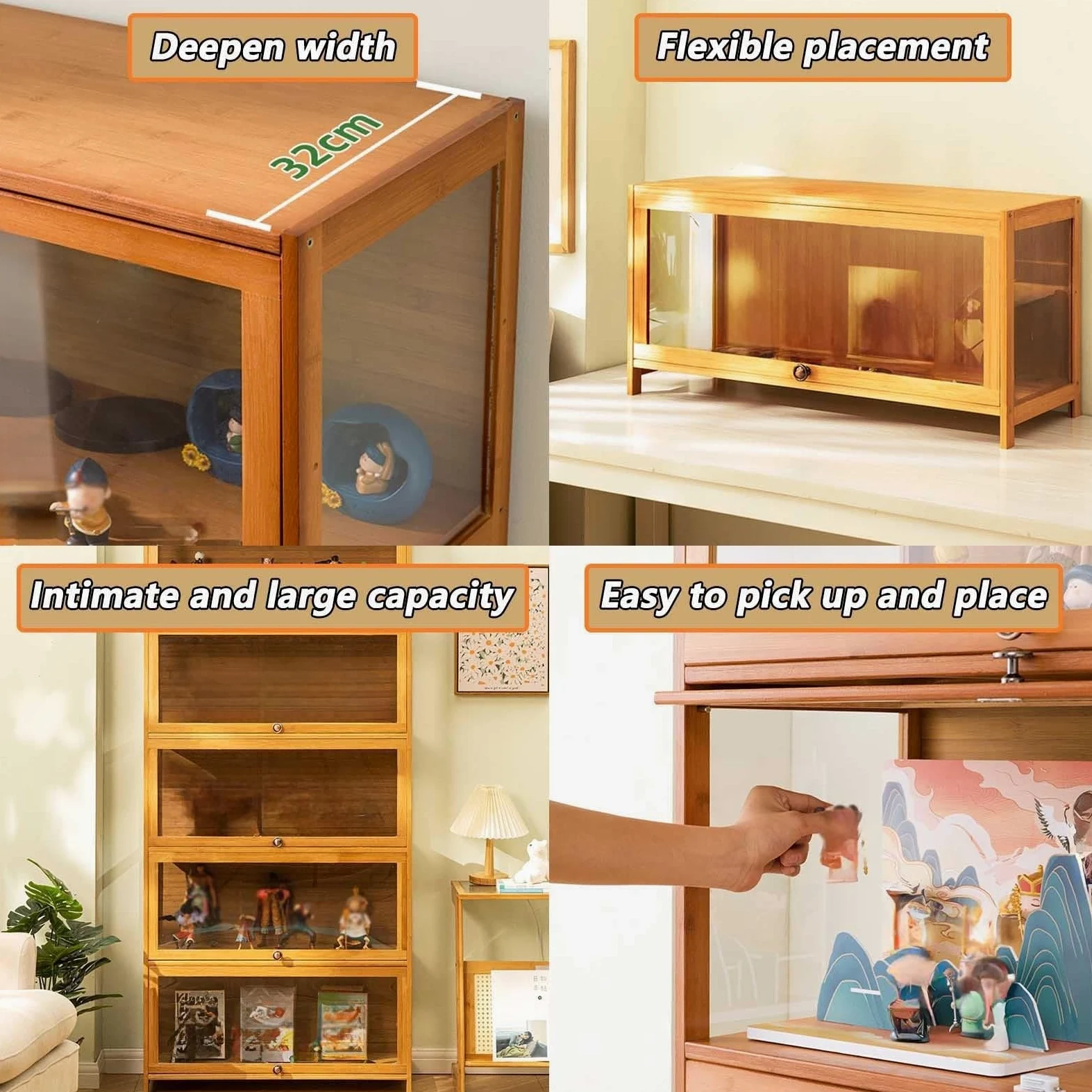 Vetrina in Acrilico, Vetrina per Oggetti da Collezione, Vetrina Multifunzionale per Curiosità Realizzato in Materiale di Bambù Naturale, Design Della Porta Ribaltabile ( Color : Dark brown , Size : 80