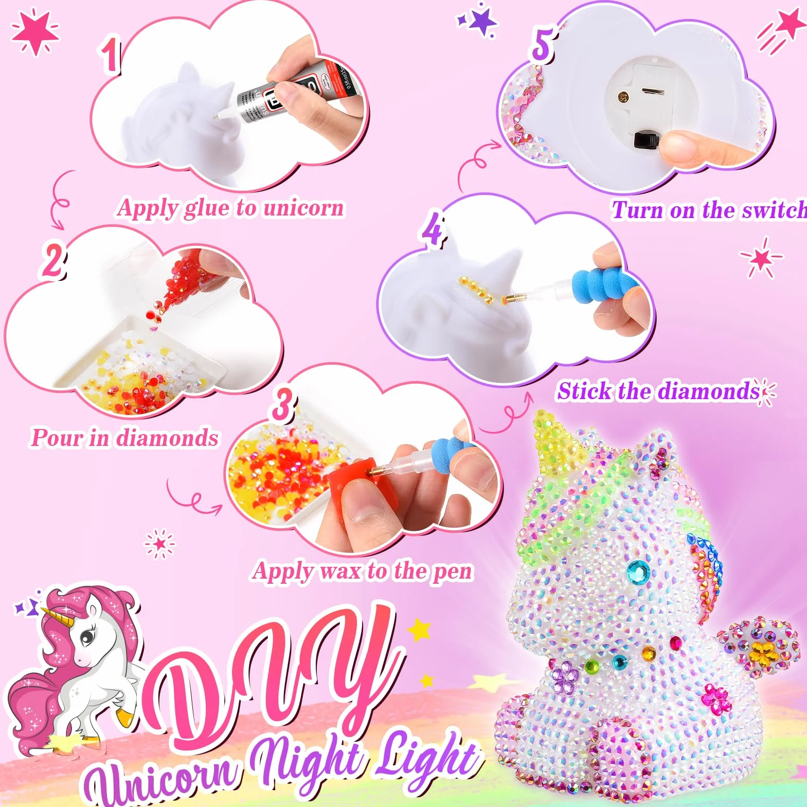HappyGoLucky Set di luci a forma di unicorno, fai da te per ragazze, regalo per bambine dai 3 ai 10 anni, 4D Diamond Painting LED