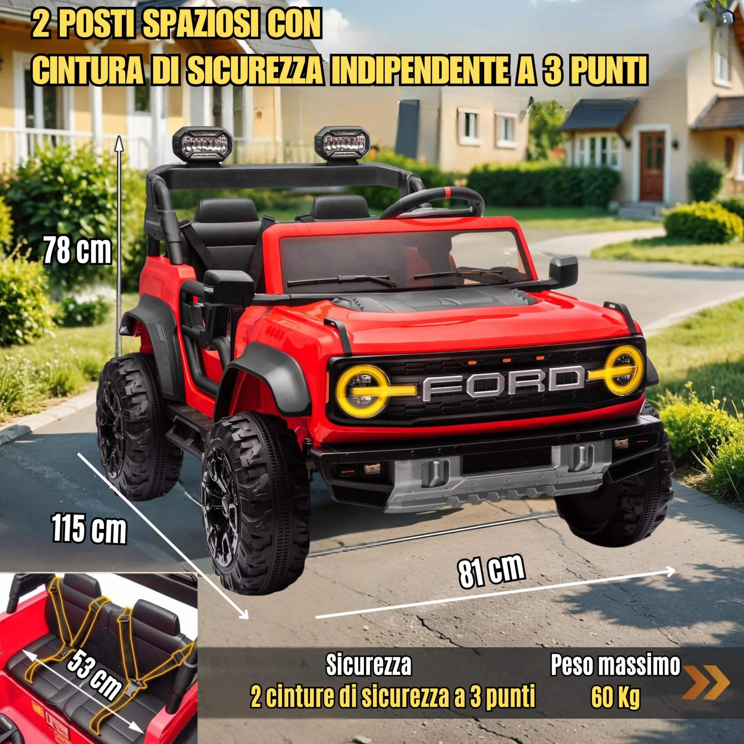 Ford Bronco Raptor 24V Maxi Fuoristrada Auto Elettrica Bambini 2 Posti Telecomando Luci LED Bluetooth Carico 60 kg Rosso