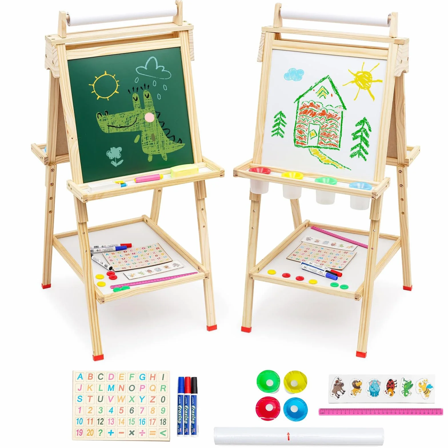 Cavalletto per bambini Tavola da gioco in legno per bambini Tavola in legno per bambini con rotolo di carta Lavagna bianca e lavagna a doppia faccia Cavalletto per bambini