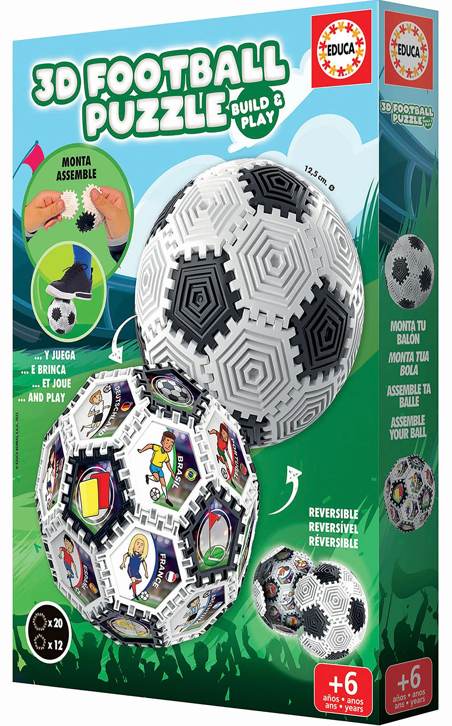 Educa - 3D Football Puzzle | 3D Puzzle Calcio Bambini | Puzzle 3D Pallone con 32 Pezzi e con cui Puoi Giocare | Puoi Creare Diverse Forme. Dai 6, 7, 8 Anni in su (19210)