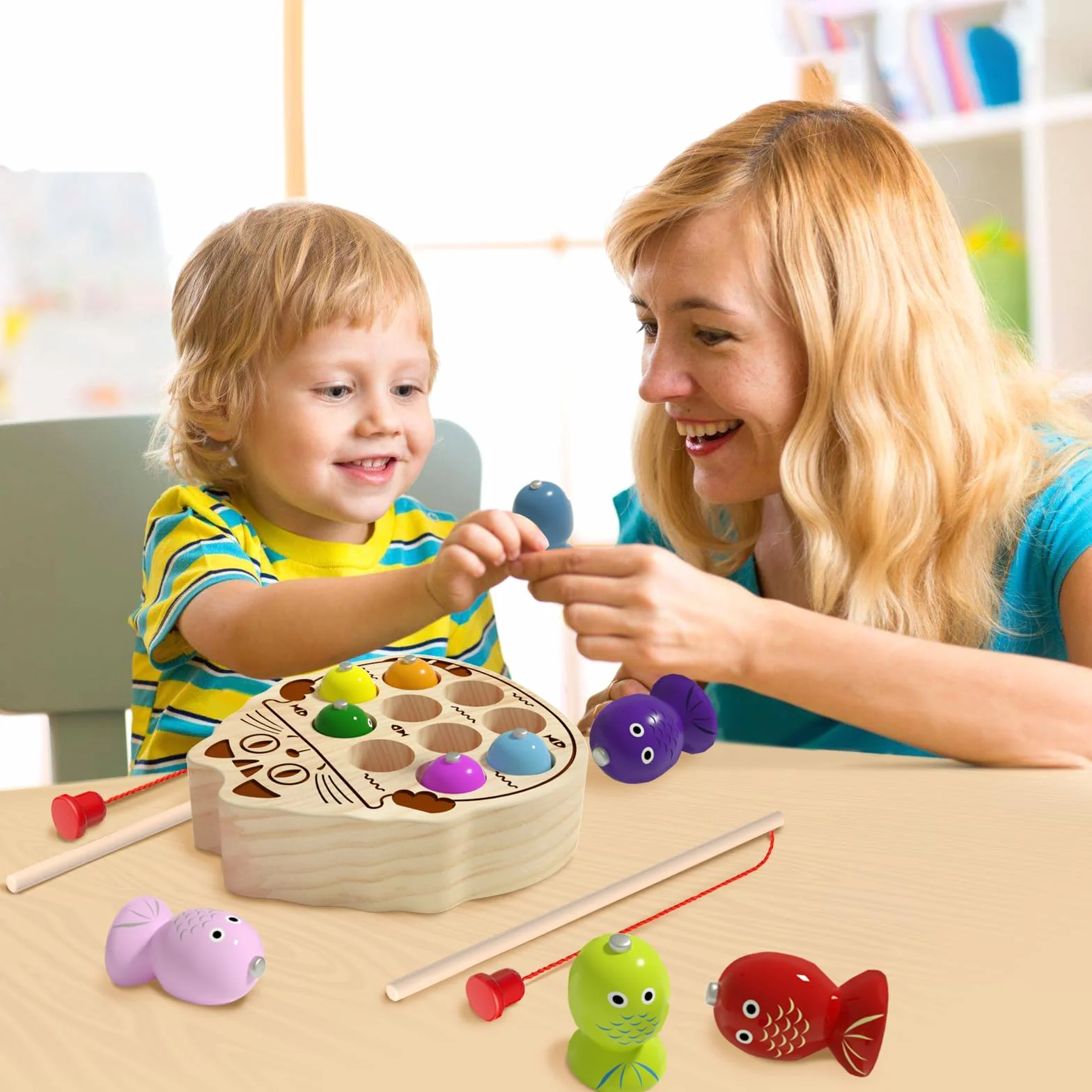 Giochi Montessori 2 Anni, Gioco Pesca Pesci Calamita 3 Anni con 10 Pesci 2 Canne da Pesca, Regalo Bambino per 2 3 4 Anni (Pesca al Gatto Carino)