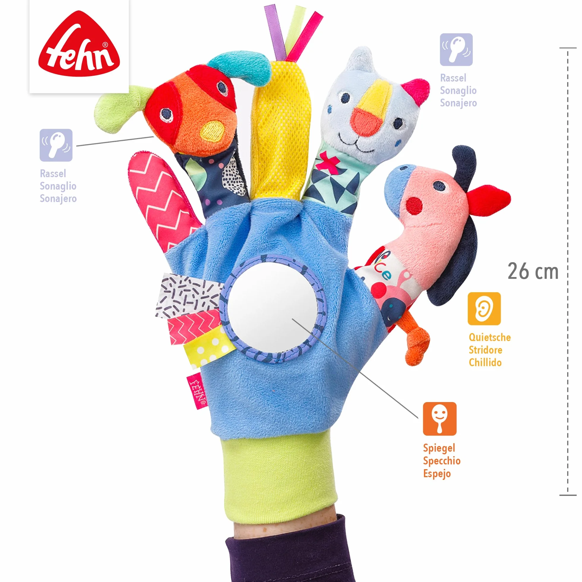 Fehn Color Friends Guanto da gioco con sonaglio e squeaker per bambini 0+ mesi