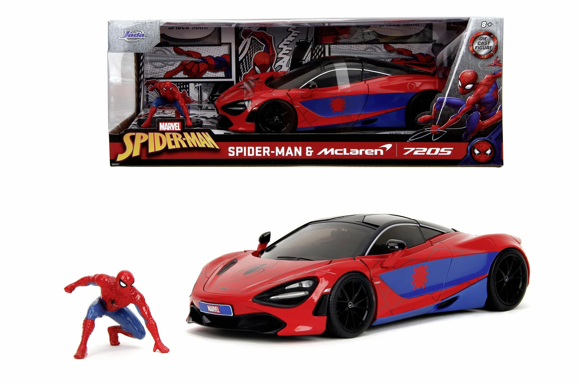 Jada Toys Marvel Auto McLaren 720S (19 cm) con personaggio Spider-Man (5 cm) - Modellino auto con parti apribili, set di giocattoli in metallo per fan e bambini dagli 8 anni in su