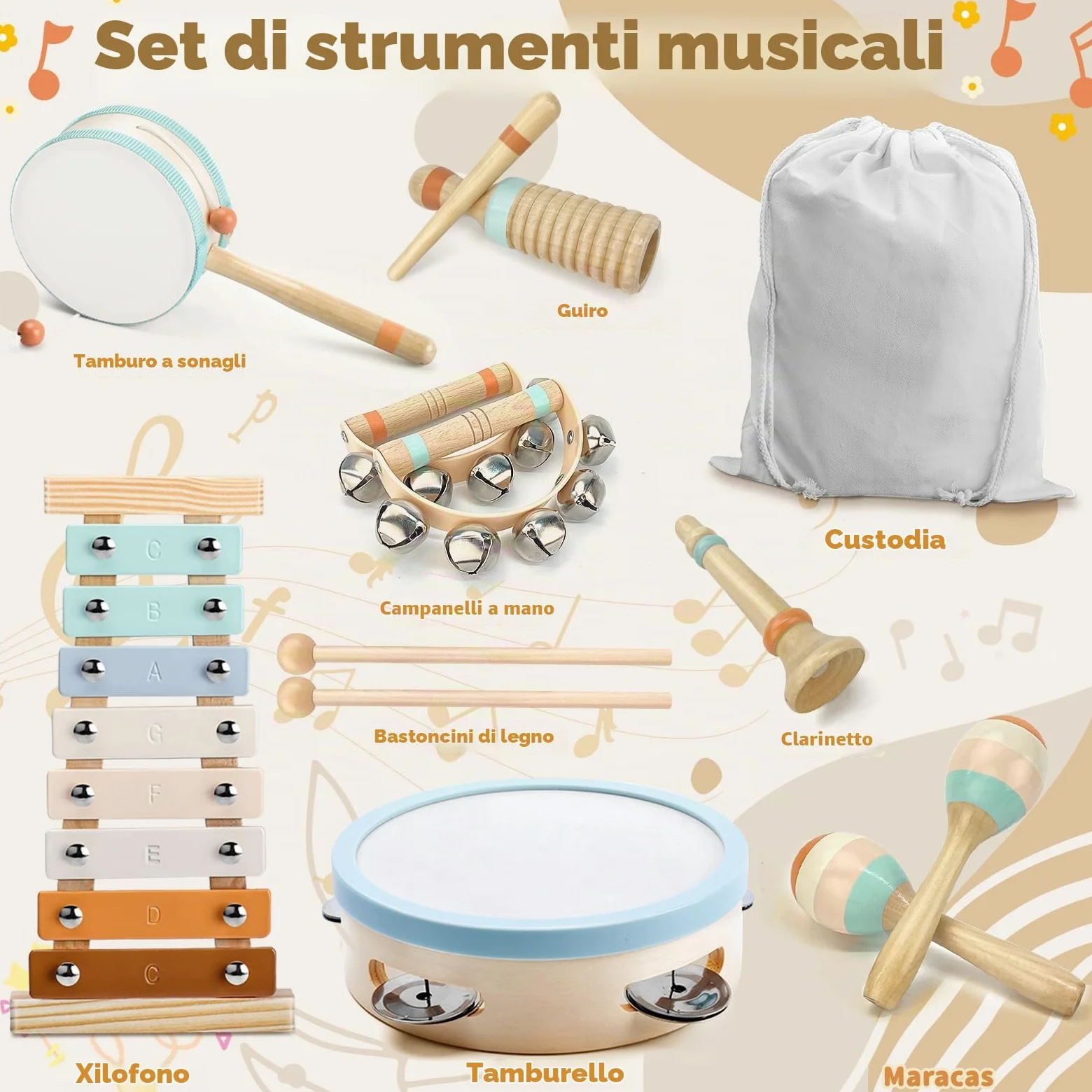 Strumenti Musicali Bambini Strumento Musicale Tamburo Bambino Montessori Giocattoli Xilofono Bambini in Legno Tambourine Percussioni per Bambini Giochi Musicali Regalo di Compleanno di Natale