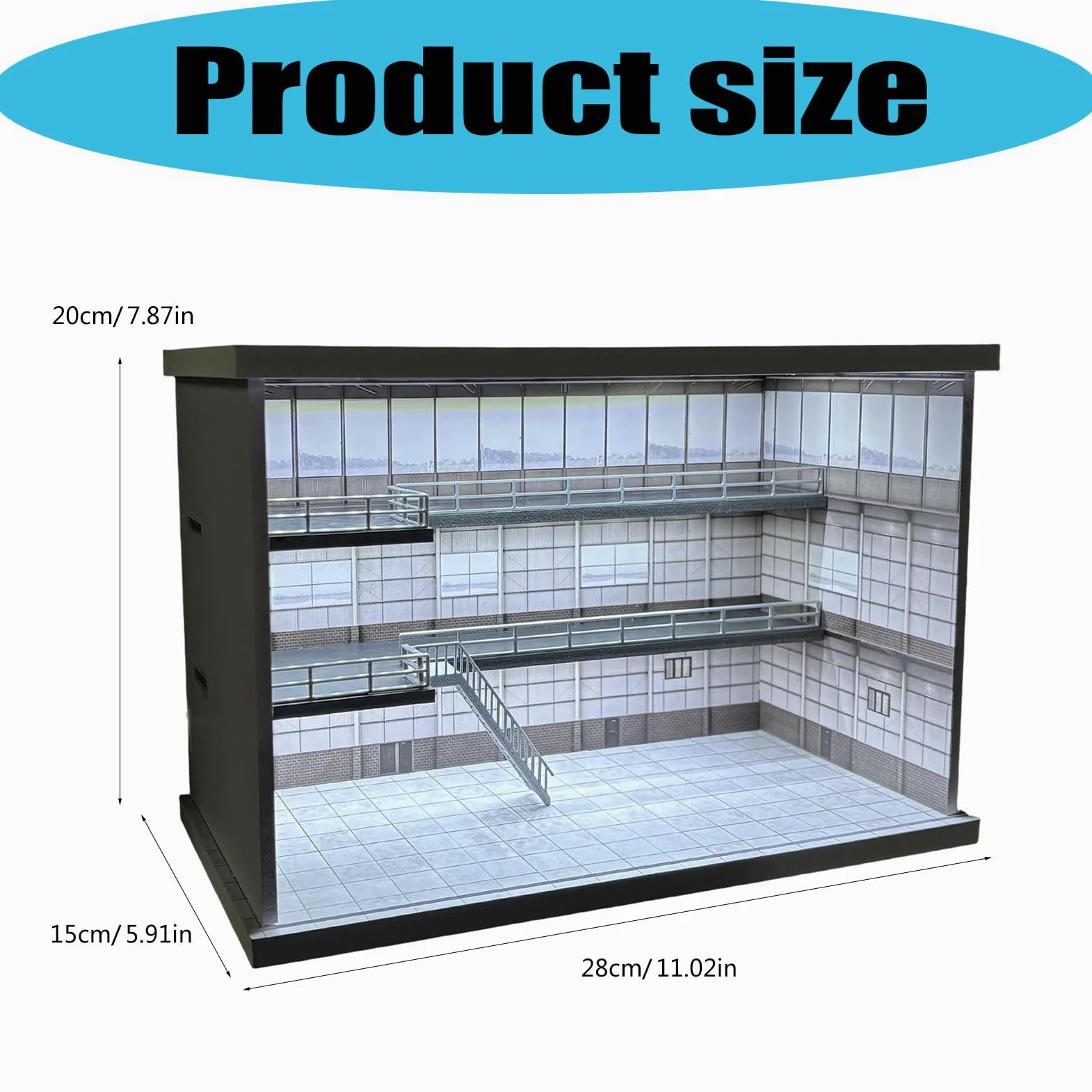 Vetrina per auto modello desktop, M008901 | Scala 1/64 illuminato parcheggio garage layout con struttura in PVC e copertura anteriore trasparente