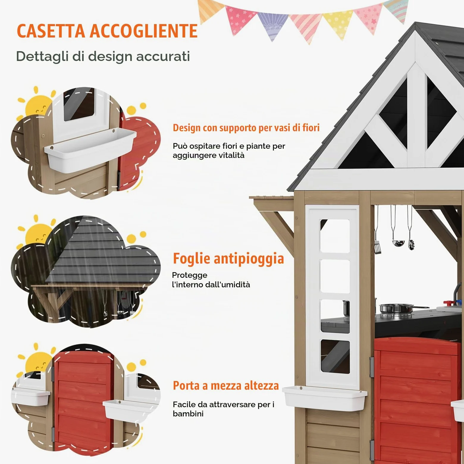 VEVOR Casetta da Gioco per Bambini da Esterno in Legno, Casetta da Giardino per Bambini, Casetta Gioco da Cortile con Porta, Finestra, Supporto per Vaso di Fiori, Griglia, Fornello e Lavello