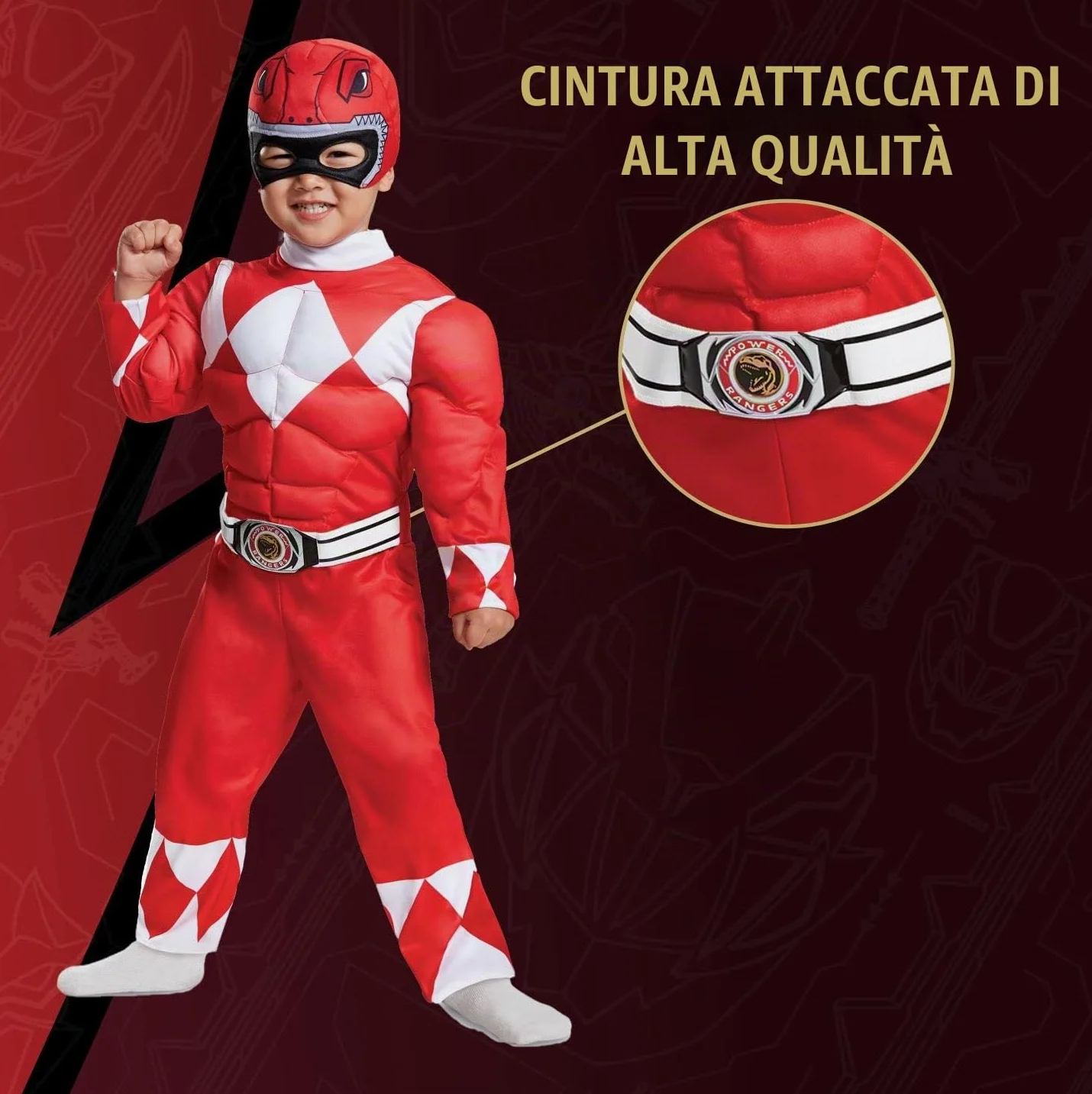 Disguise Costume Power Ranger Rosso Bambini, Vestito Muscoloso Carnevale Power Ranger, Costumi Di Carnevale Per Bambini Taglia XS (3-4 anni)