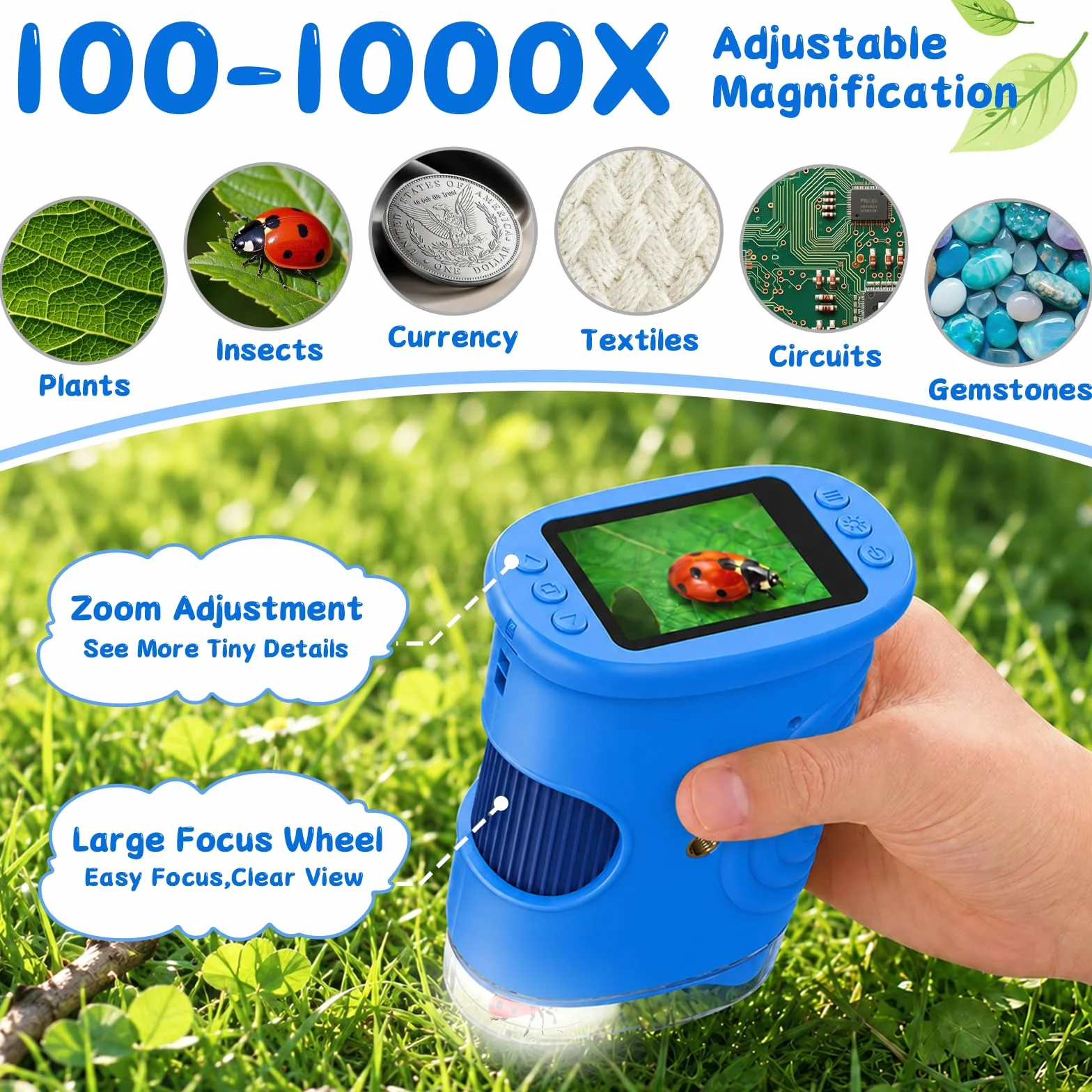 Microscopio Digitale Bambini 1000X, Microscopio Portatile con Schermo IPS 2 Pollici, 8 LED Luce Regolabile, Foto e Video, Regalo di Compleanno per Bambini Ragazzi e Ragazze (Blu)