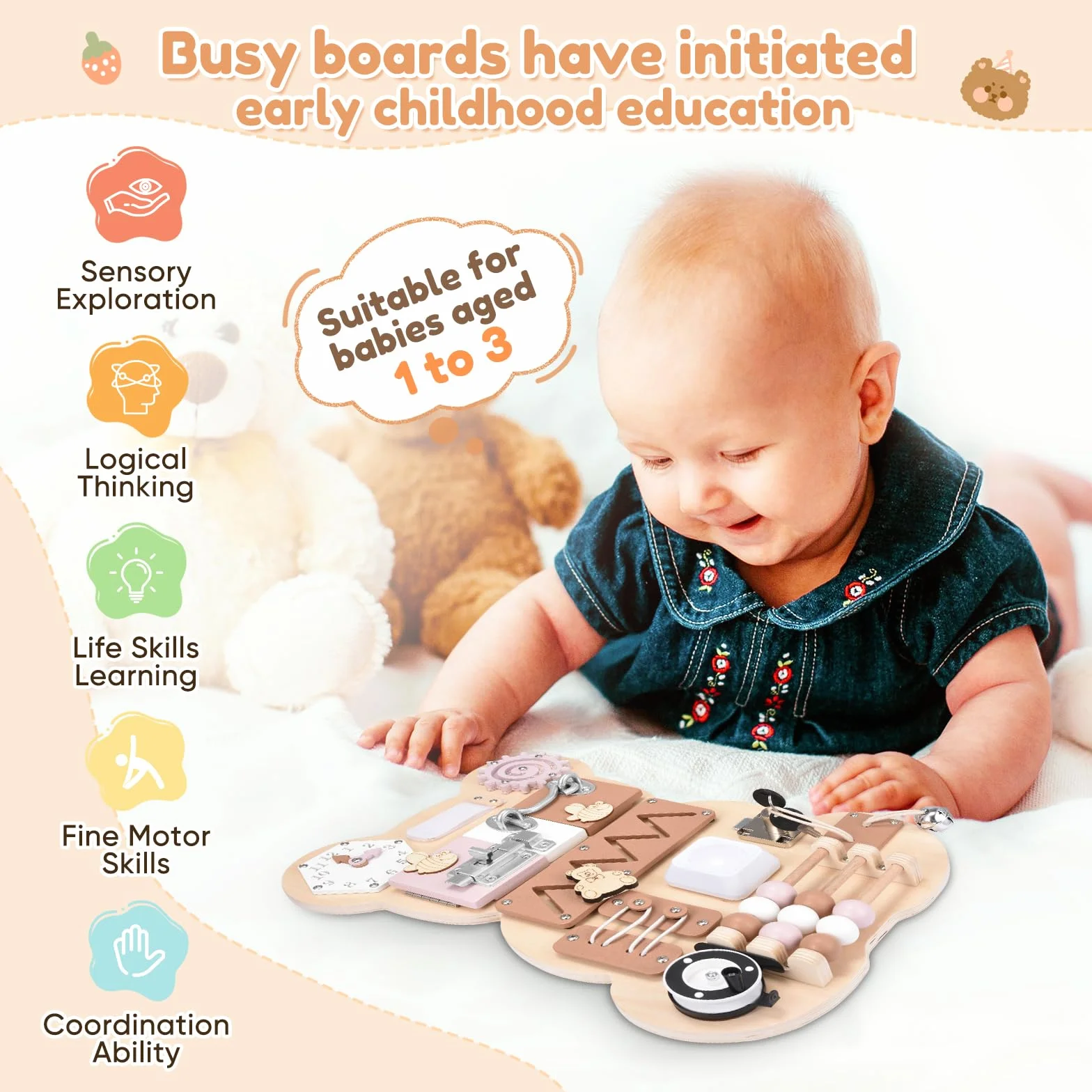 Busy Board per Bambini Pannello Sensoriale Montessori Tavole Montessori in Legno per l'apprendimento delle Abilità di Vita per 1-6 Regalo Bambini e Bambine