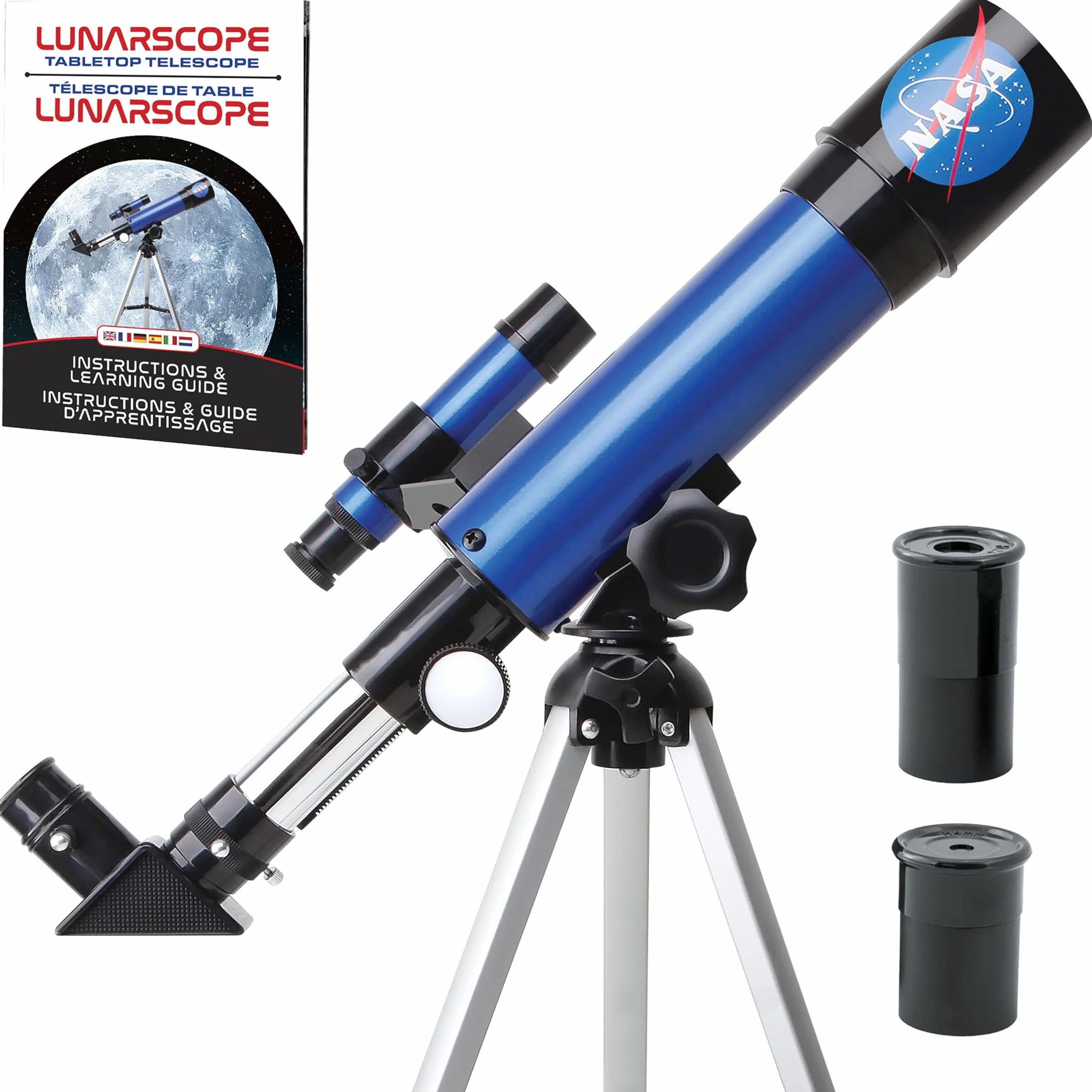 Blue Marble Telescopio Lunare NASA per Bambini – Ingrandimento 90x, con Due Oculari, Treppiede da Tavolo e Mirino, Telescopio per l’Osservazione della Luna, Giochi Spaziali, Regali NASA