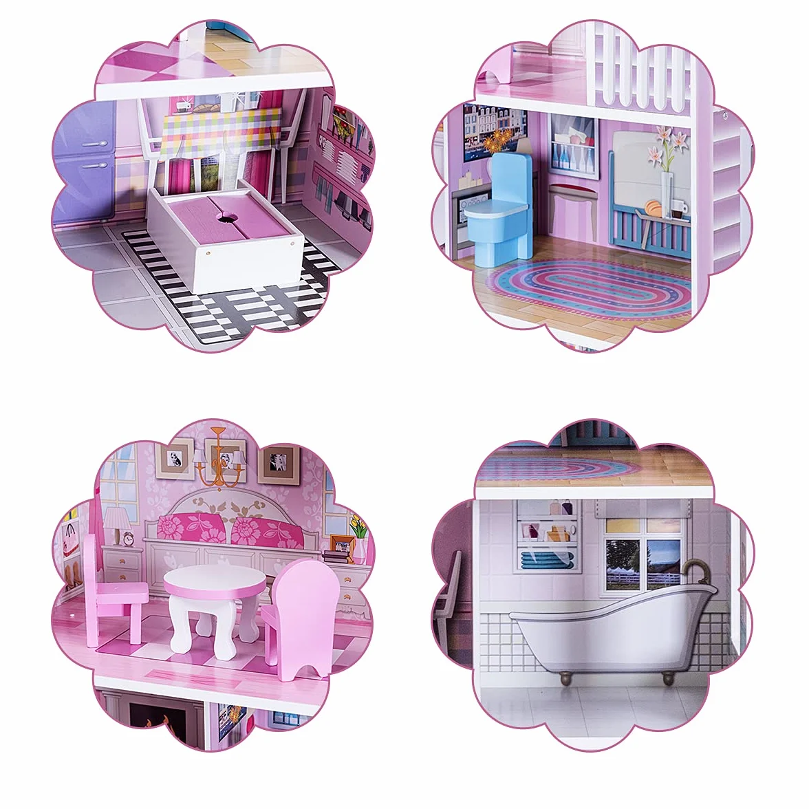 GIANTEX Casa delle Bambole in Legno, Set Giocattoli per Bambole, Casetta a 3 Piani con Mobili per Bambini, Giocattoli per Camera dei Bambini, Rosa 62x27x70cm