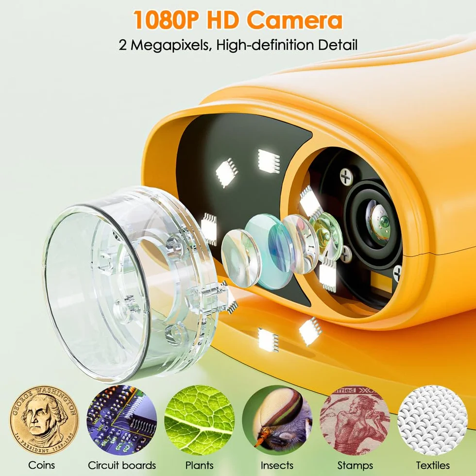 Microscopio Digitale per Bambini, Temodu da 2,0 Pollici Microscopio Digitale Bambini, con 8 luci LED Regolabili 1000X, Capodanno per dai 3 agli 12 anni (382-Yellow)