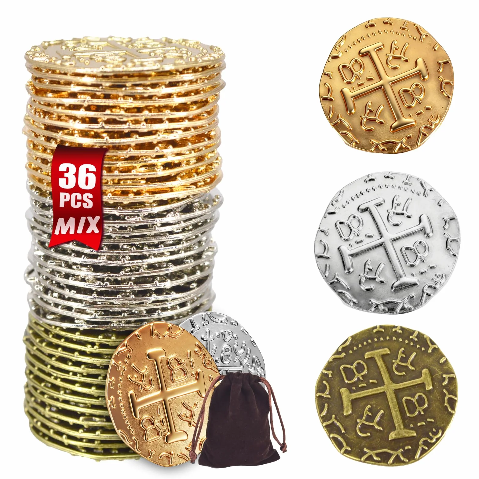ZUCOS Set di monete da pirata, in metallo, decorazione per giochi da tavolo DND, cosplay, realistica medievale, tesoro dei pirati (oro 12, argento 12, Copper 12, Large)
