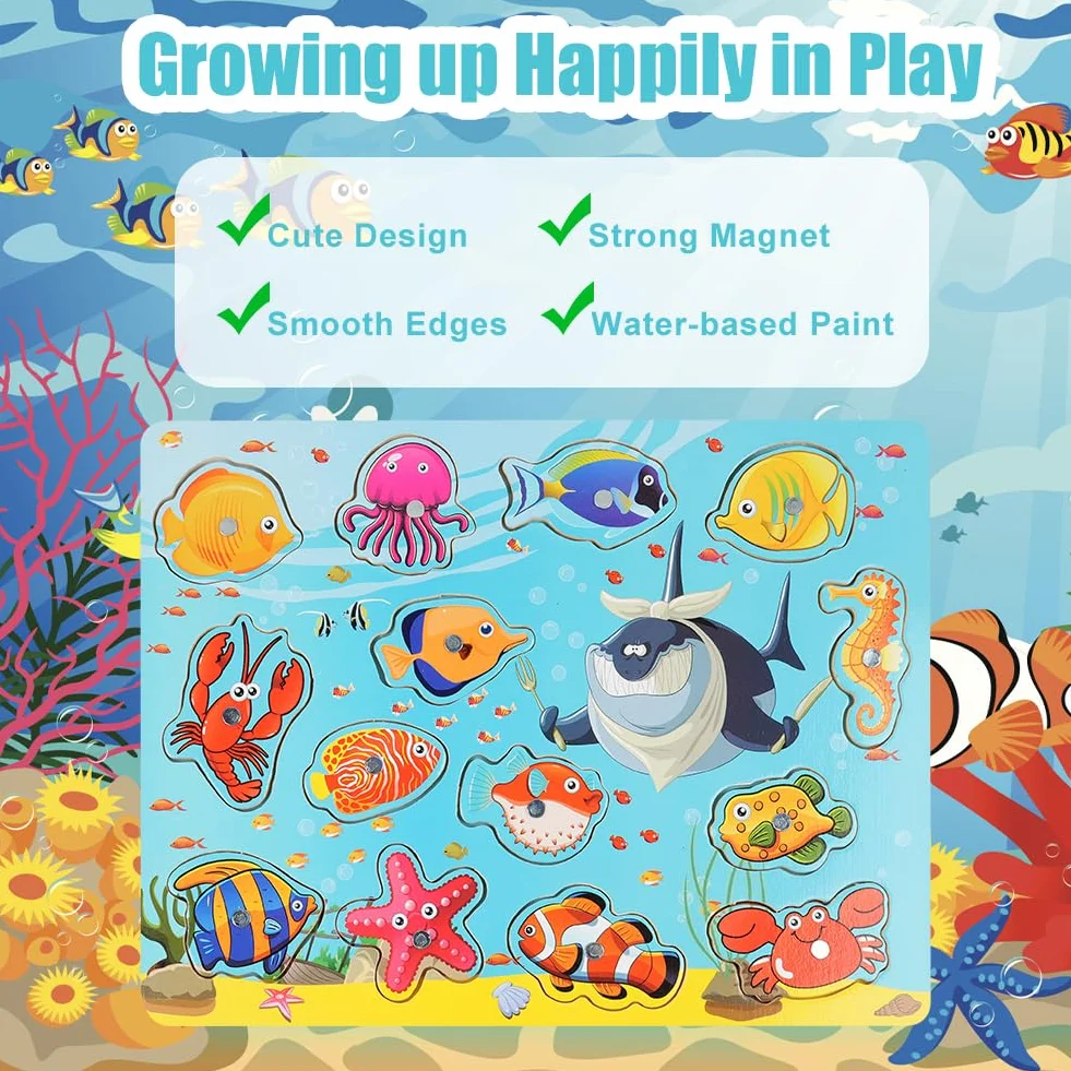 Vicloon Magnetico Giochi di Pesca per Bambini, Giochi Magnetici di Pesca in Legno, Giocattoli di Legno Gioco di Pesca, Giochi Montessori, Educativo Interattivi per Bambini Regalo 3 4 5 Anni(Oceano)
