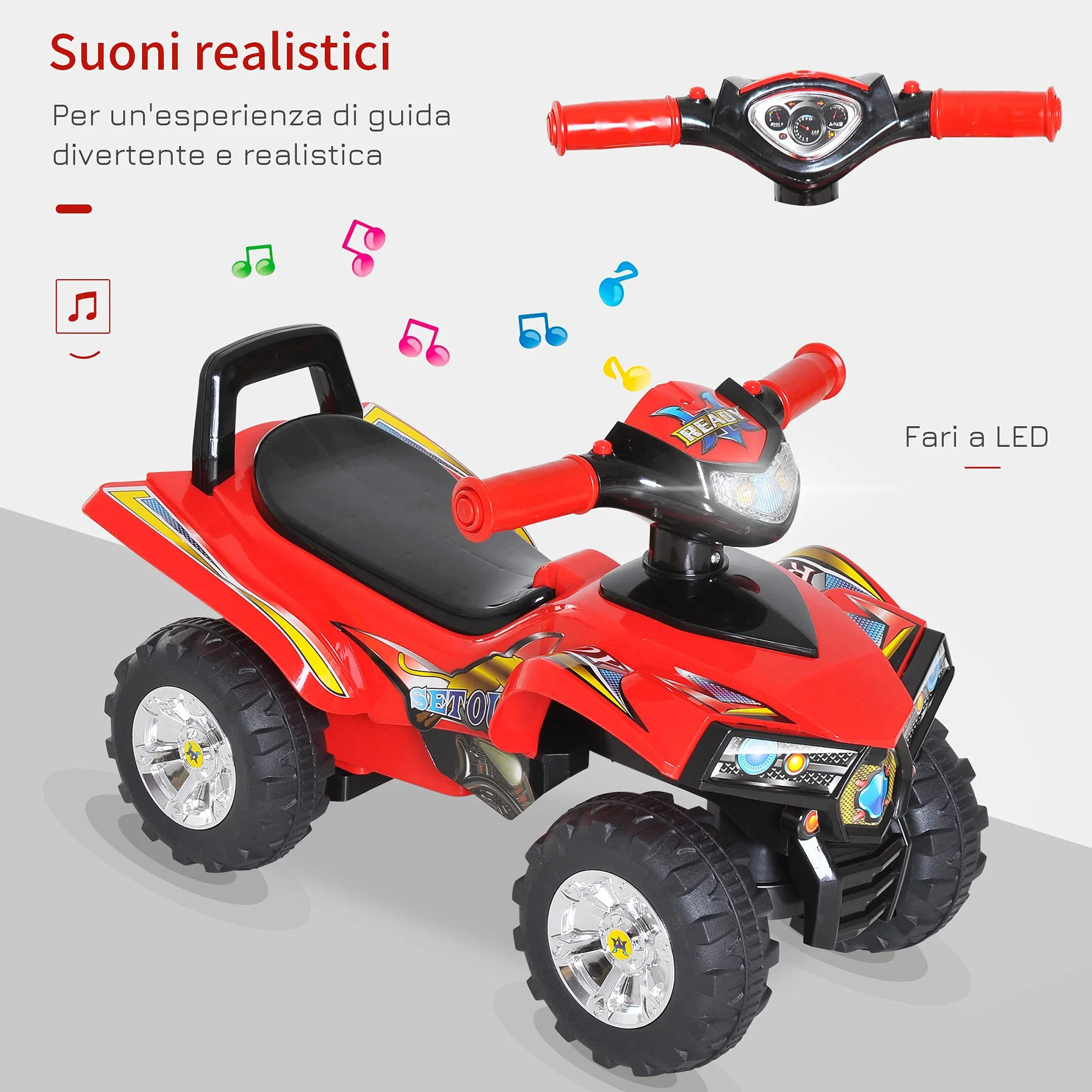 HOMCOM Quad Giocattolo Bambini Macchina Cavalcabile Clacson Musica Luci 60x38x42 cm PP Rosso