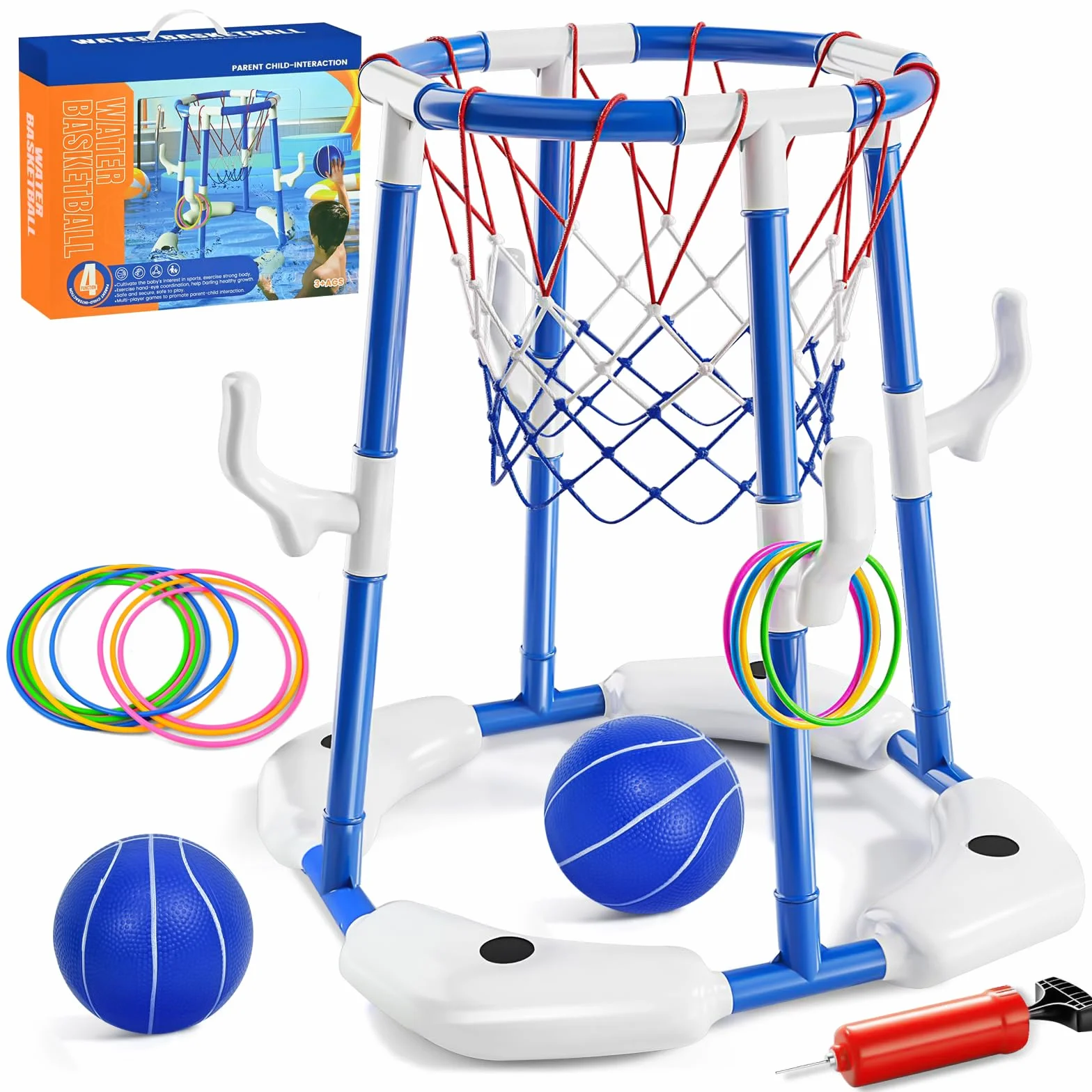 JONRRYIN Canestro da Piscina, 2 in 1 Canestro Galleggiante da Piscina, Giochi Piscina con 2 Palline e 12 Anelli con Pompa, Competizione Sportiva Acquatica, per Bambini e Adulti