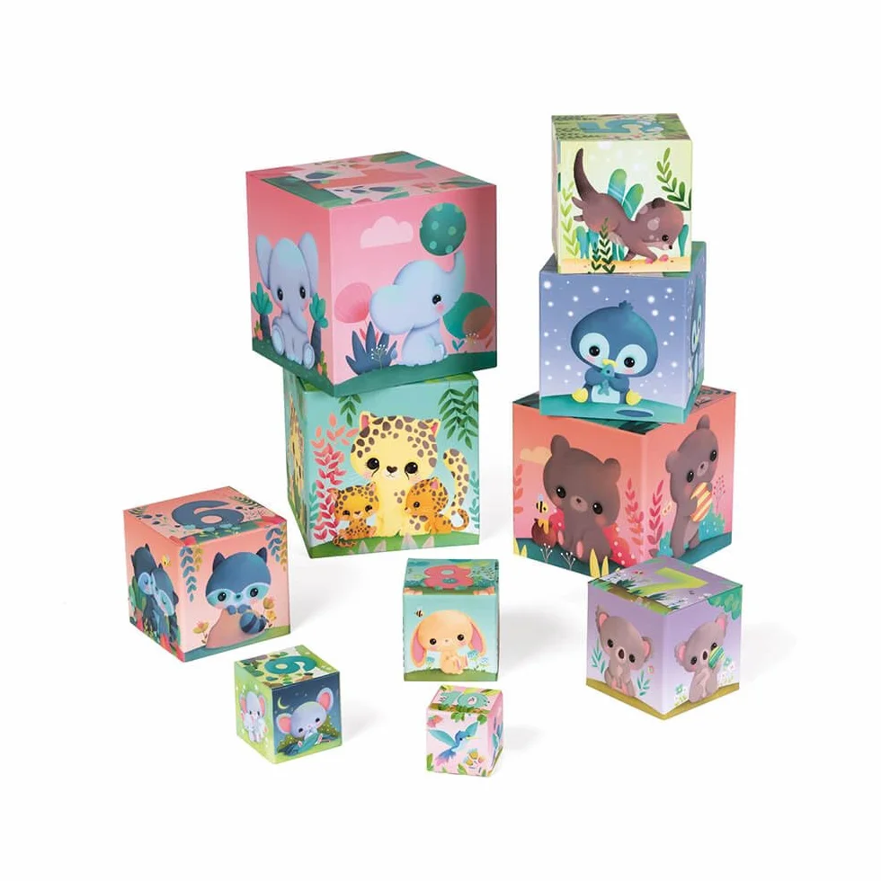 Janod - Animali Quadrati Piramidali - Gioco per L’Apprendimento e Prima Infanzia - Giocattolo di Impilamento e Incastro - Apprendimento di Numeri e Dimensioni - A Partire da 1 Anno, J02652