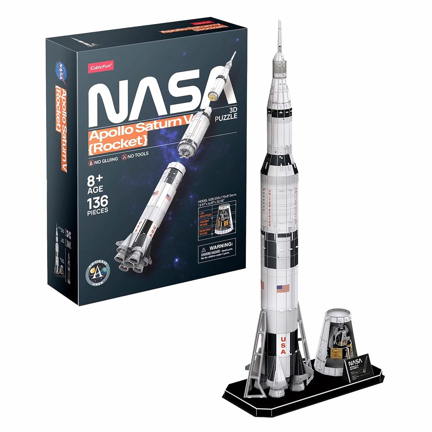Nasa - Puzzle 3d Apollo Saturn V Rocket | Puzzle 3d Bambini 8 Anni e Adulti | Modellismo Da Costruire Adulti | 136 Pezzi | Regalo Bambino 8 Anni