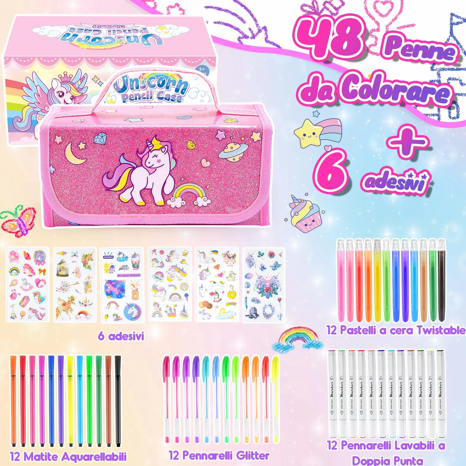 HappyGoLucky Valigetta Colori per Bambini Kit Disegno Acquerelli Pastelli Pennarello Impermeabile Rosa