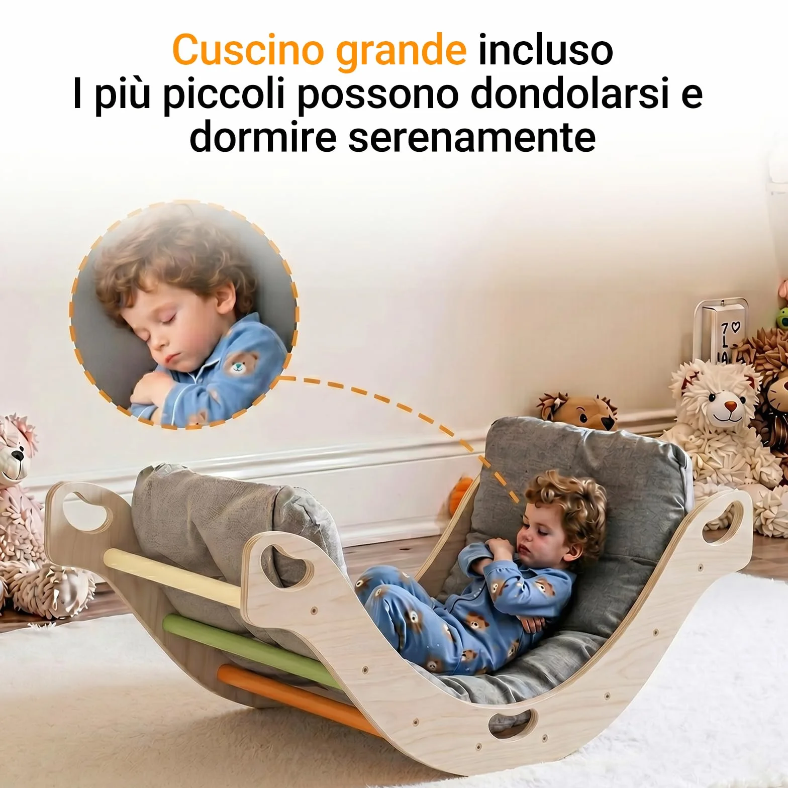 COSYLAND Arco Montessoriano per Bambini in Legno Naturale, Arco Montessori con Cuscino e 8 Maniglie, 4 in 1 Wippe, Scrivania, Giocattolo Educativo per Equilibrio e Motricità (Arcobaleno Classico)