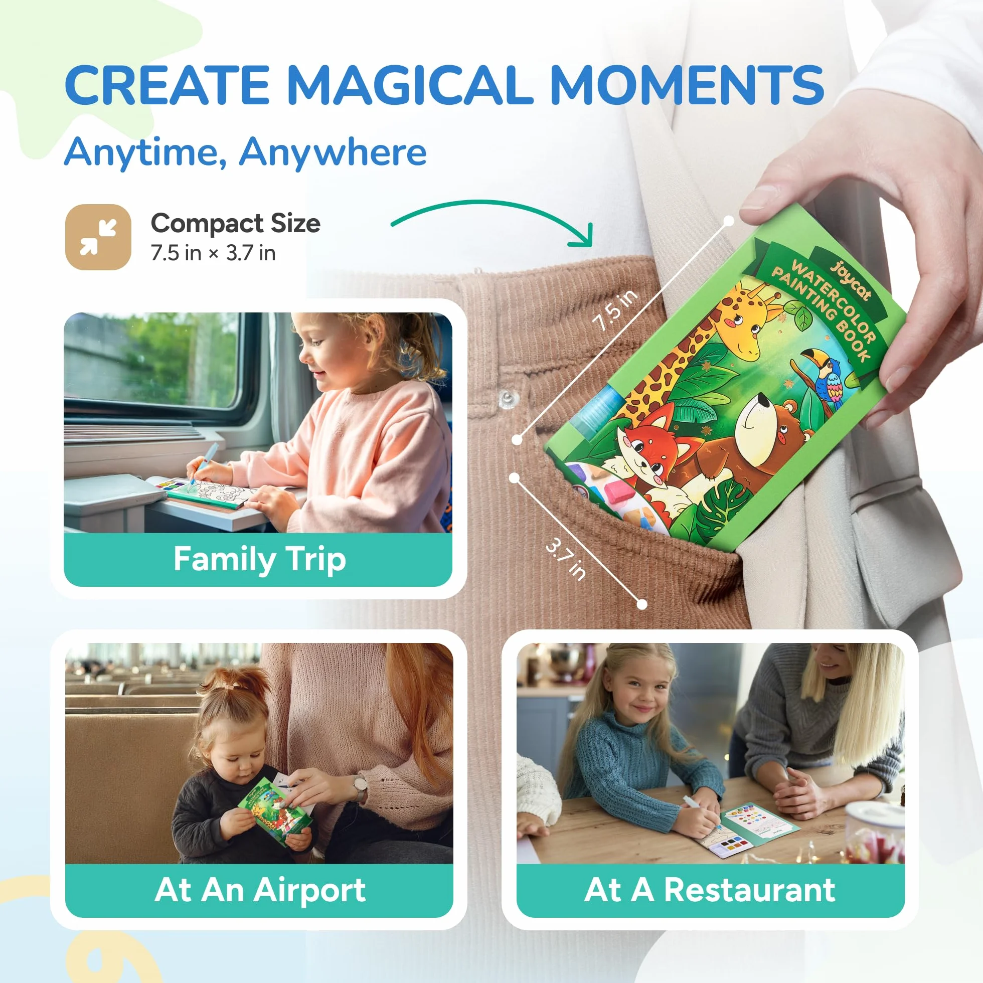 JoyCat Set 2 Libri da Colorare con Acquerelli per Bambini, Kit Creativo da Viaggio e Casa, Regali 3-8 Anni (Verde Chiaro & Verde)