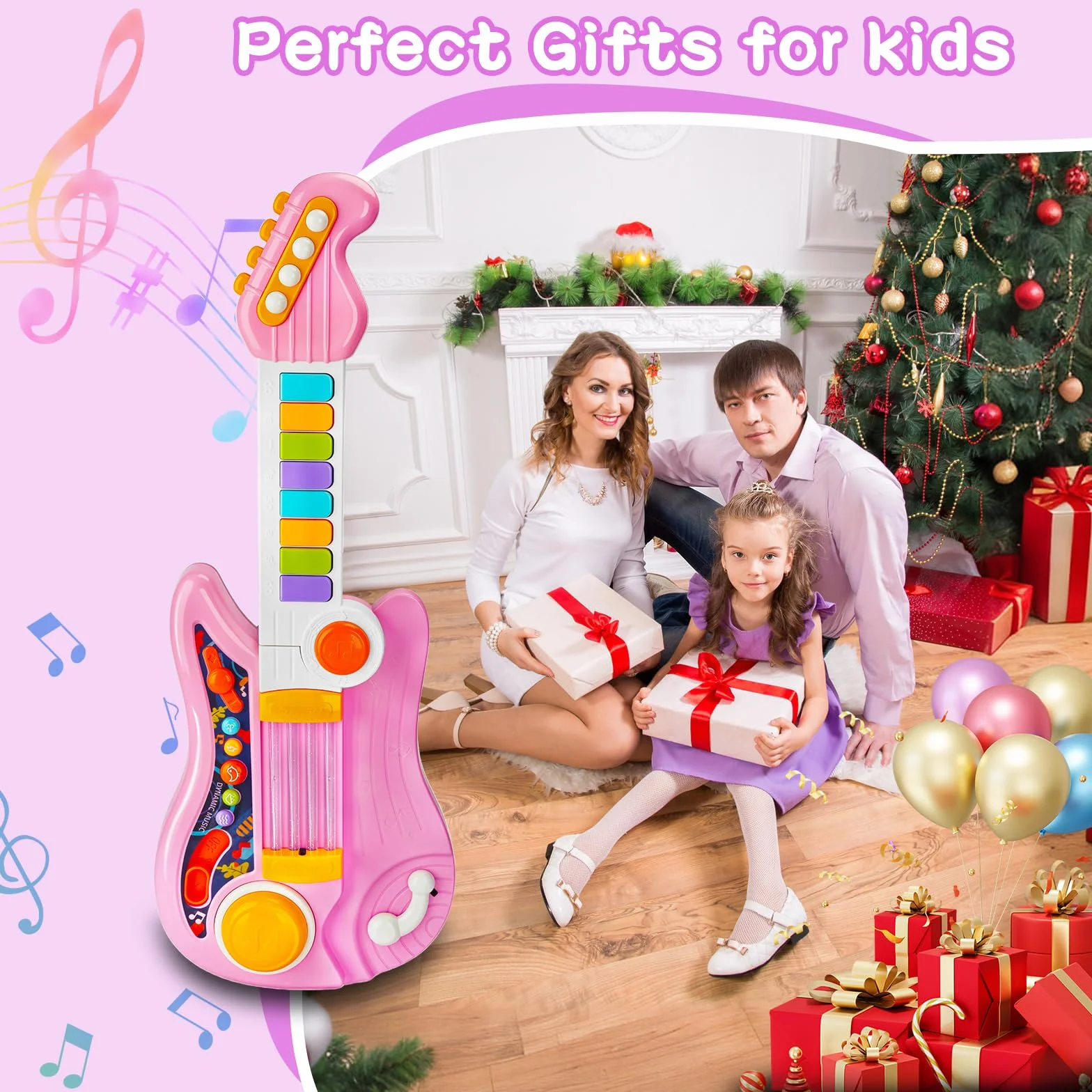 Chitarra Giocattolo Musicale per Bambini 4 Modalità con Canzoni Luce e Cinghia dai 12 Mesi+