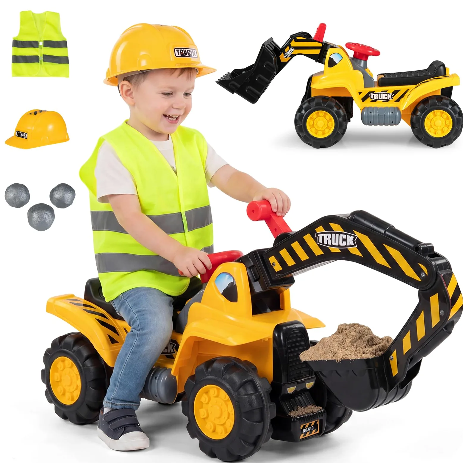 COSTWAY 3 in 1 Escavatore Cavalcabile per Bambini 2+ Anni, Carico 25 kg | Ruspa Giocattolo per Bambini con Suoni Realistici, Seduta con Vano Portaoggetti, Pietre, Casco e Gilet, per Casa Asilo
