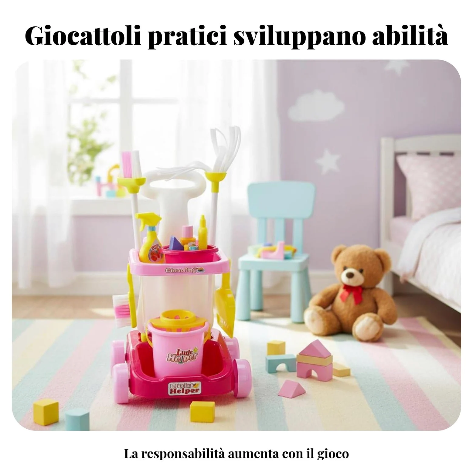 Children Set Giocattolo Pulizia Carrello Accessori Finti Plastica Solida Funzione Educativa Organizzazione Facile Adatto per Giochi di Imitazione Bambini E Attività Domestiche , 66735 Set Rosa