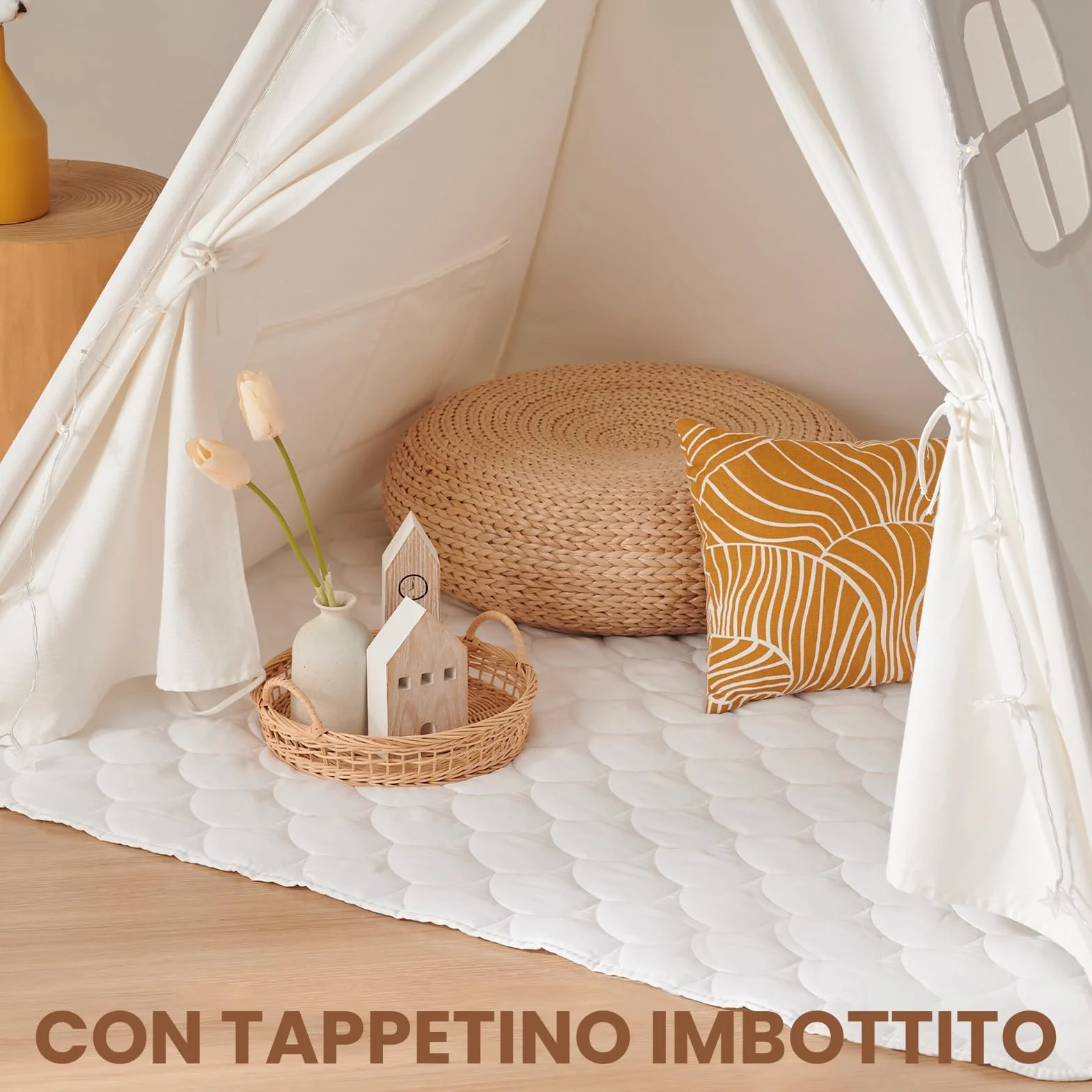 Tiny Land Tenda per Bambini con Coperta & Fata Luci & Borsa di tela - Tenda Indiana Bambini per Cameretta, Casetta Gioco Bambina & Ragazzo, Capanna Tipi Pieghevole Interno/Esterno, Regalo 3 Anni+