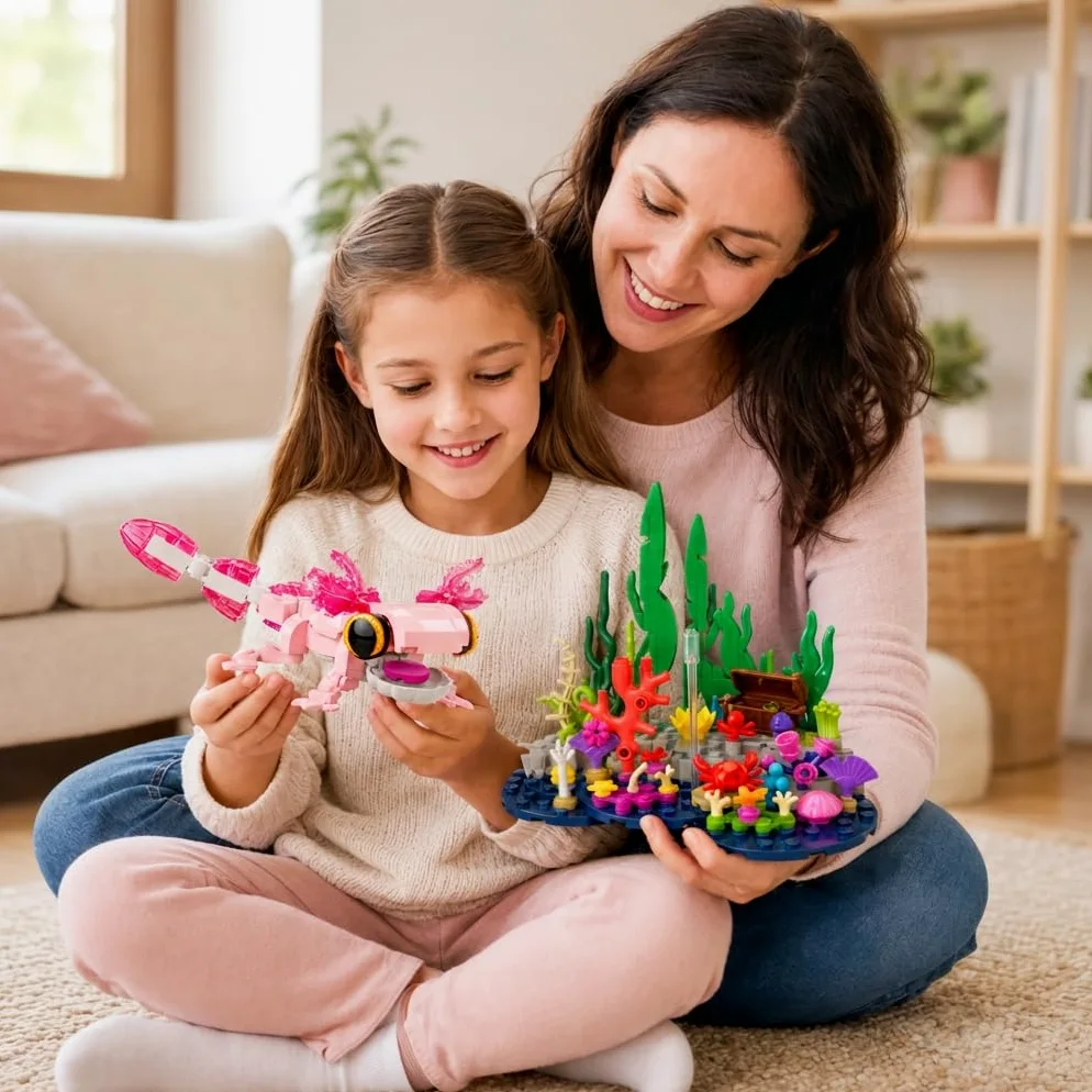 Axolotl Giocattolo da costruzione, carino rosa Axolotl subacqueo acquario | Con Axolotl mobile, scrigno nascosto, scena corallo, idea regalo per compleanno Natale