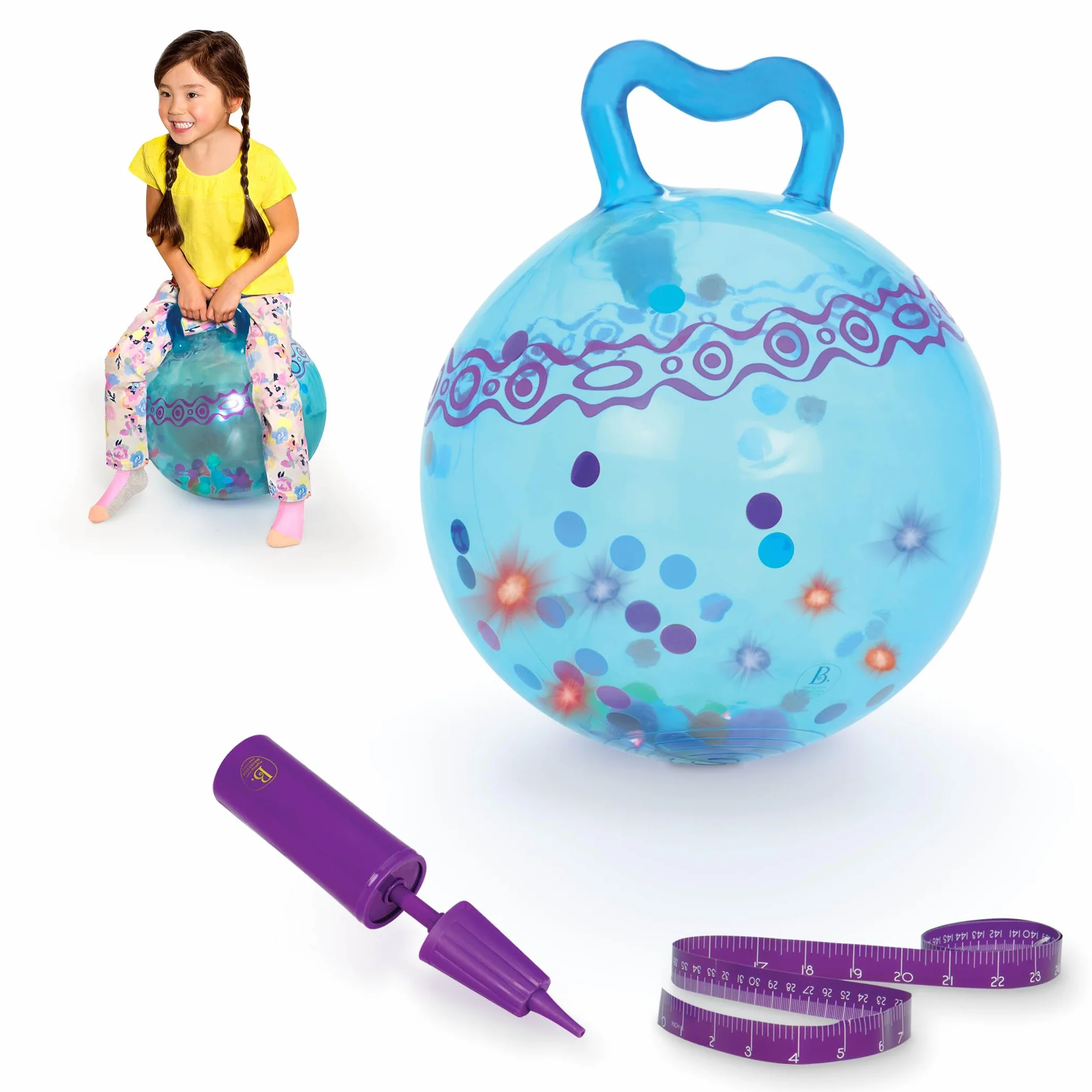 B. toys - Hop n' Glow - Blu - Palla gonfiabile luminosa - Palla a trampolino per bambini - Giocattolo attivo per interni - 3 anni +