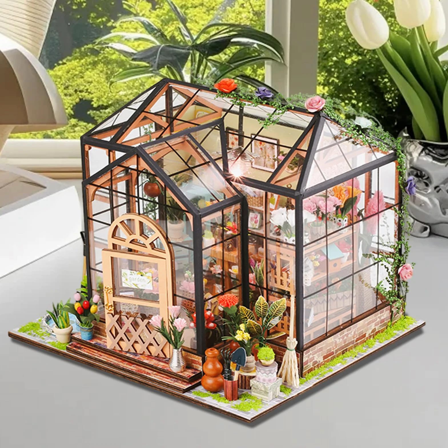 Kit Casa in Miniatura Artigianale 3D Serra in Legno Puzzle DIY | Kit Costruzione Serra con Mobili, Utensili e Colla Per Adulti, Progetti Decorazione Casa, Natale, Compleanno