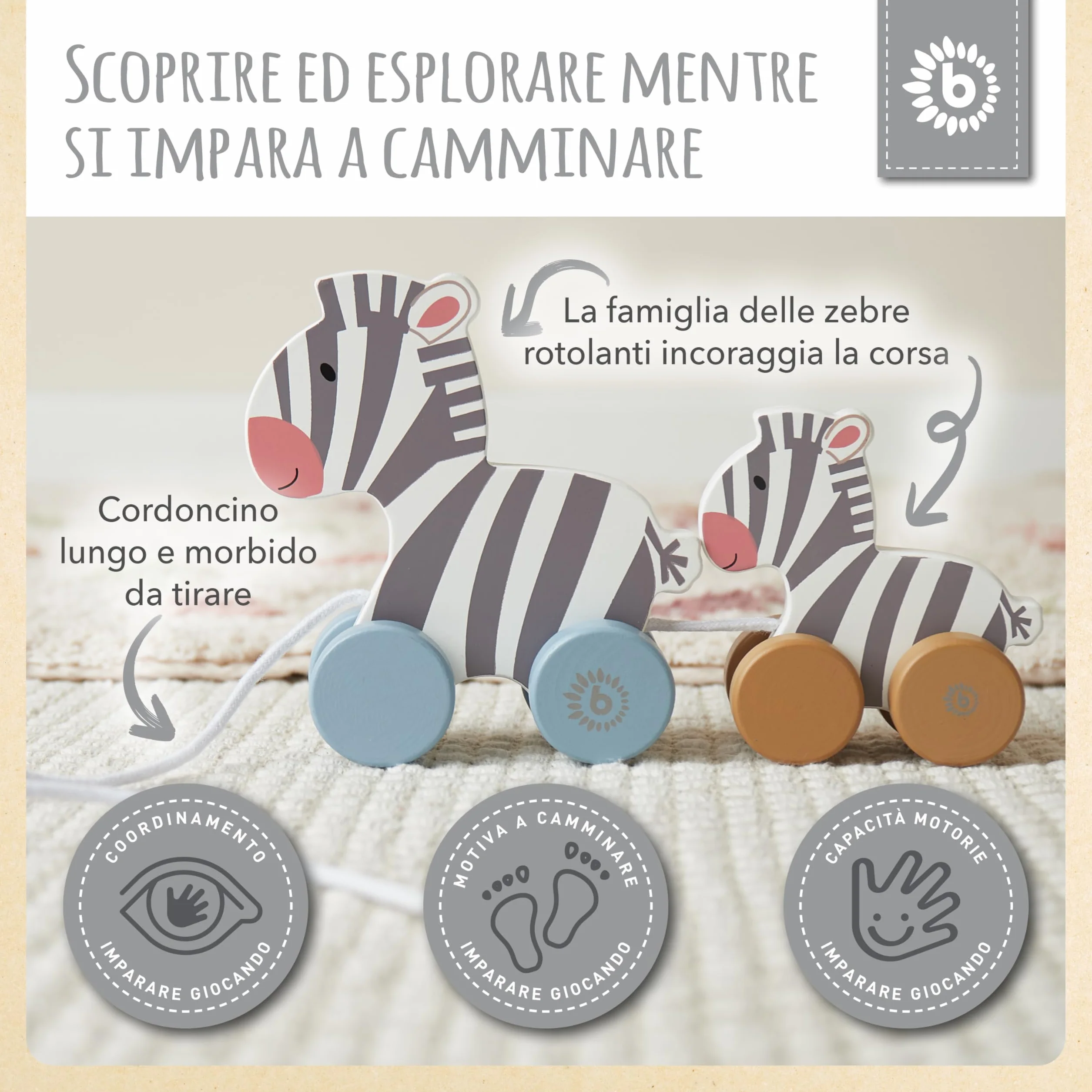Bieco Giocattolo da Tirare in Legno - Carino Animale Zebra per Bambino a partire da 1 anno - Famiglia zebra