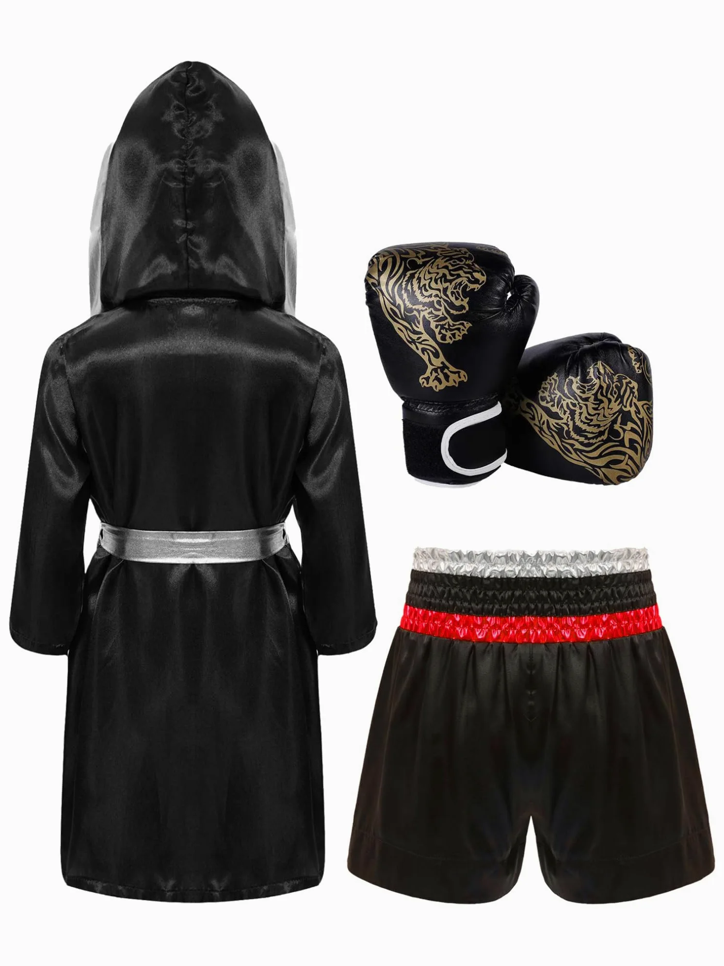 renvena Accappatoio Boxe per Bambini Adulti Pantaloncini Muay Thai Kick Boxing per Arti Marziali MMA + Guantoni da Boxe Accessorio per Costume Sportivo